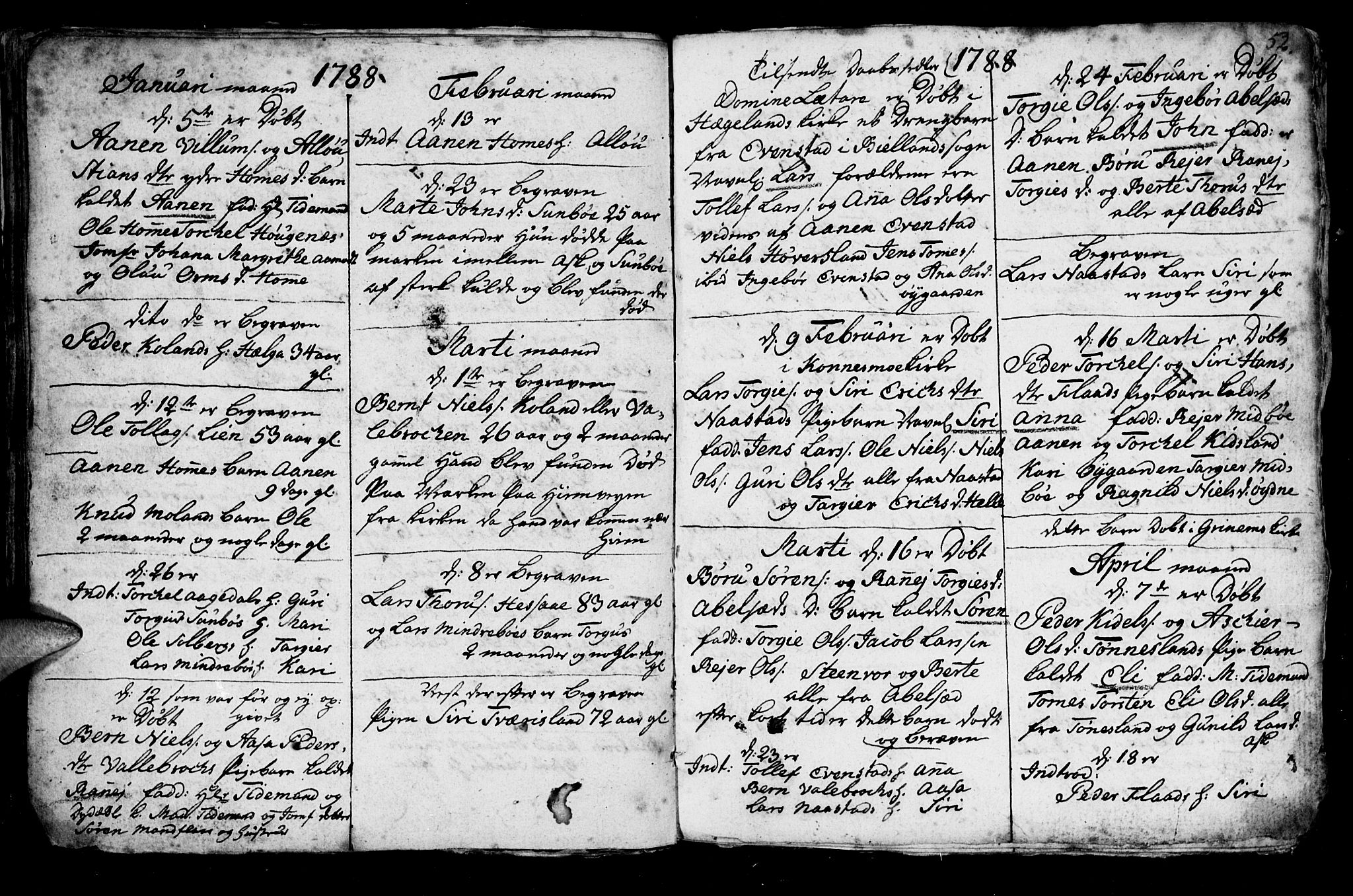 Bjelland sokneprestkontor, SAK/1111-0005/F/Fb/Fba/L0002: Klokkerbok nr. B 2, 1753-1792, s. 52