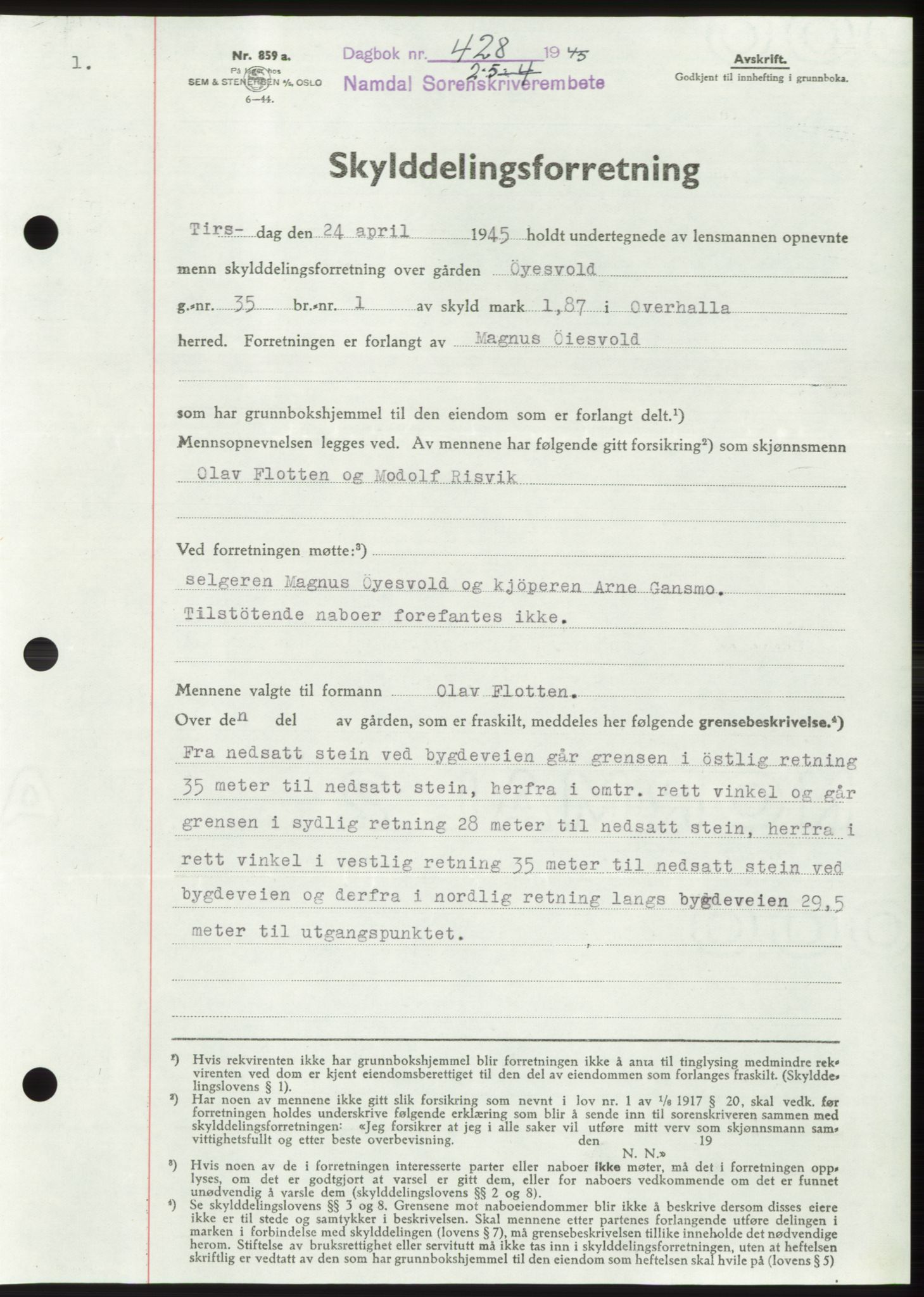 Namdal sorenskriveri, SAT/A-4133/1/2/2C: Pantebok nr. -, 1944-1945, Dagboknr: 428/1945