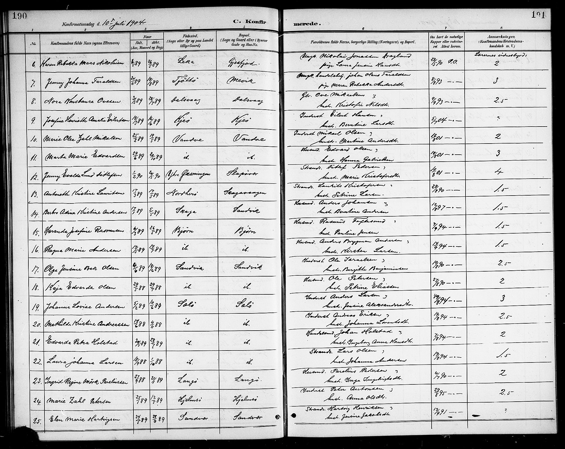 Ministerialprotokoller, klokkerbøker og fødselsregistre - Nordland, AV/SAT-A-1459/834/L0516: Klokkerbok nr. 834C06, 1902-1918, s. 190-191