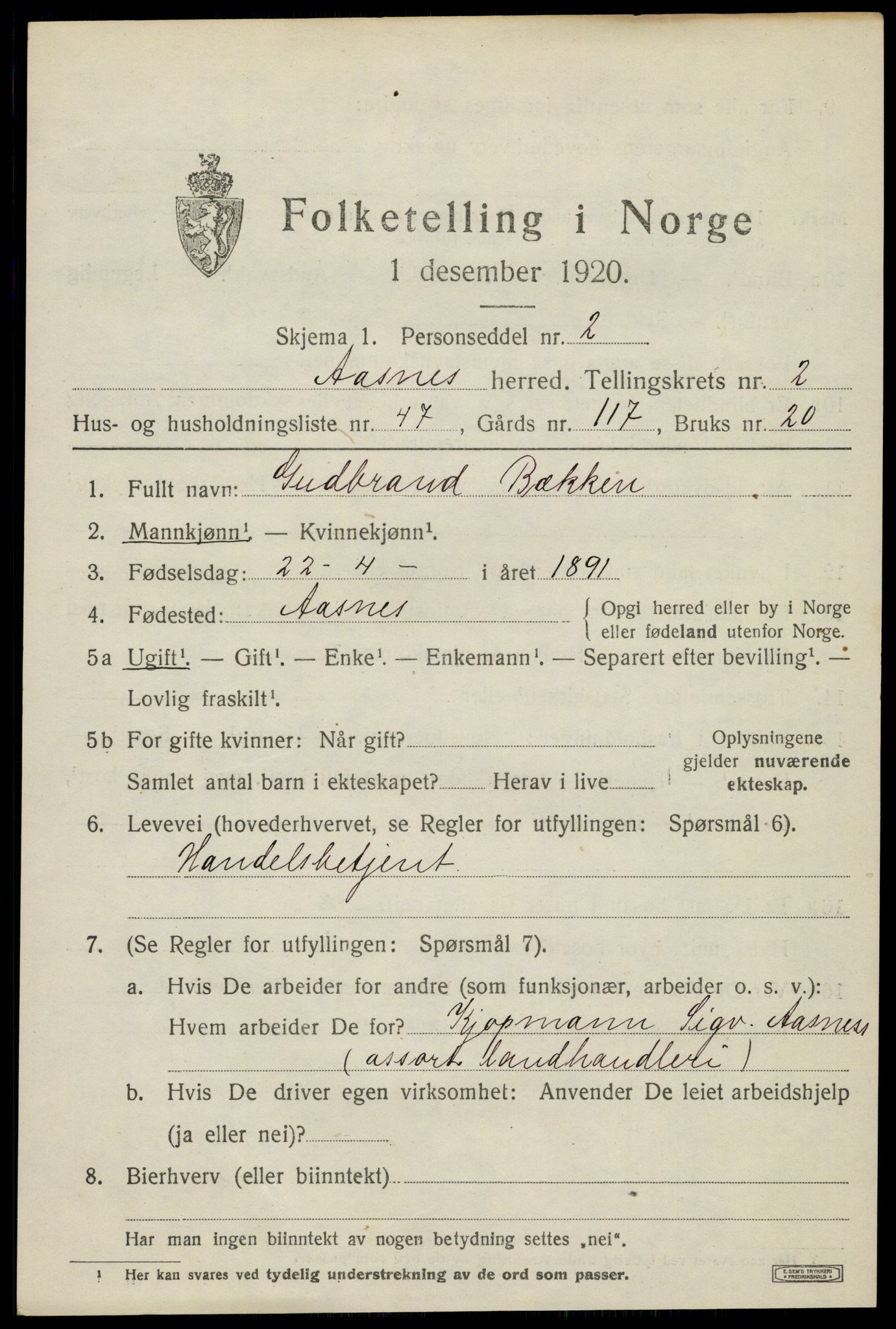 SAH, Folketelling 1920 for 0425 Åsnes herred, 1920, s. 3390