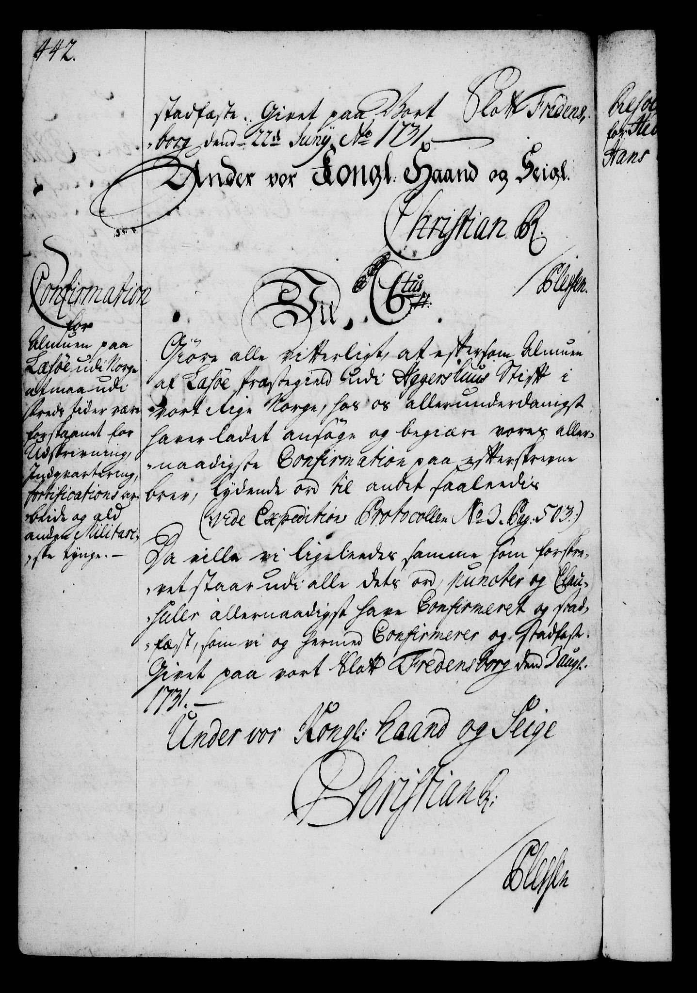 Rentekammeret, Kammerkanselliet, RA/EA-3111/G/Gg/Gga/L0003: Norsk ekspedisjonsprotokoll med register (merket RK 53.3), 1727-1734, s. 442