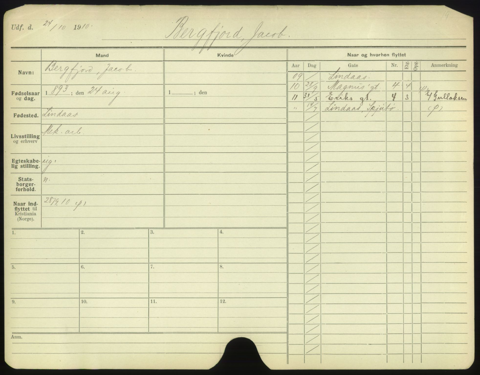 Oslo folkeregister, Registerkort, SAO/A-11715/F/Fa/Fac/L0001: Menn, 1906-1914, s. 1101a