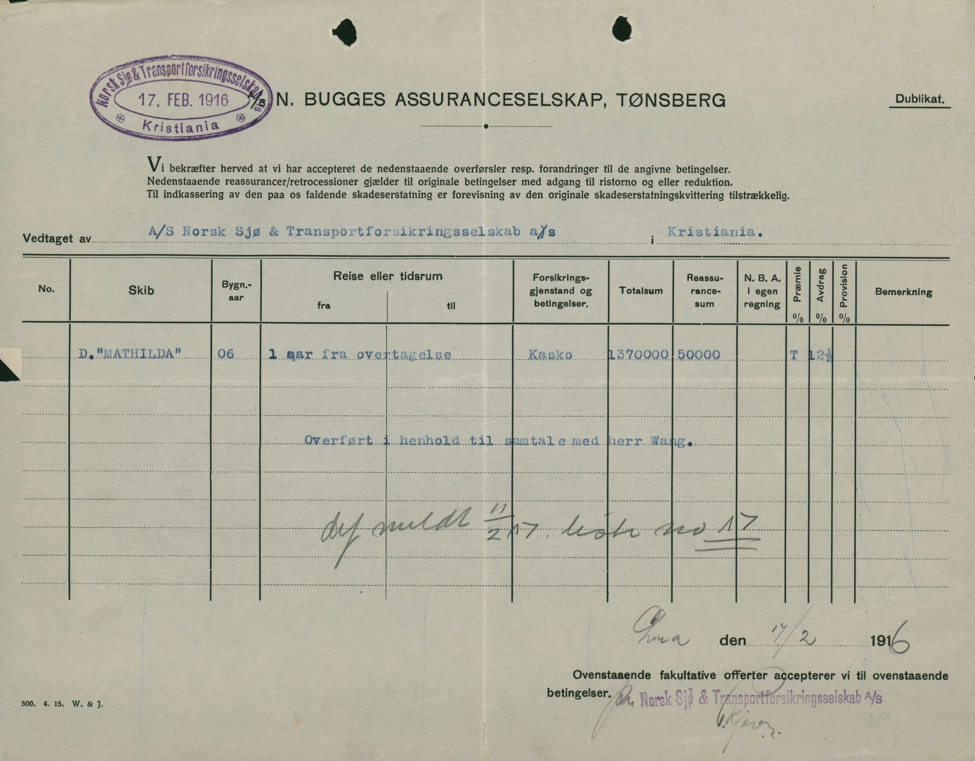 Pa 664 - Tønsberg Sjøforsikringsselskap, VEMU/A-1773/F/L0001: Forsikringspoliser, 1915-1918