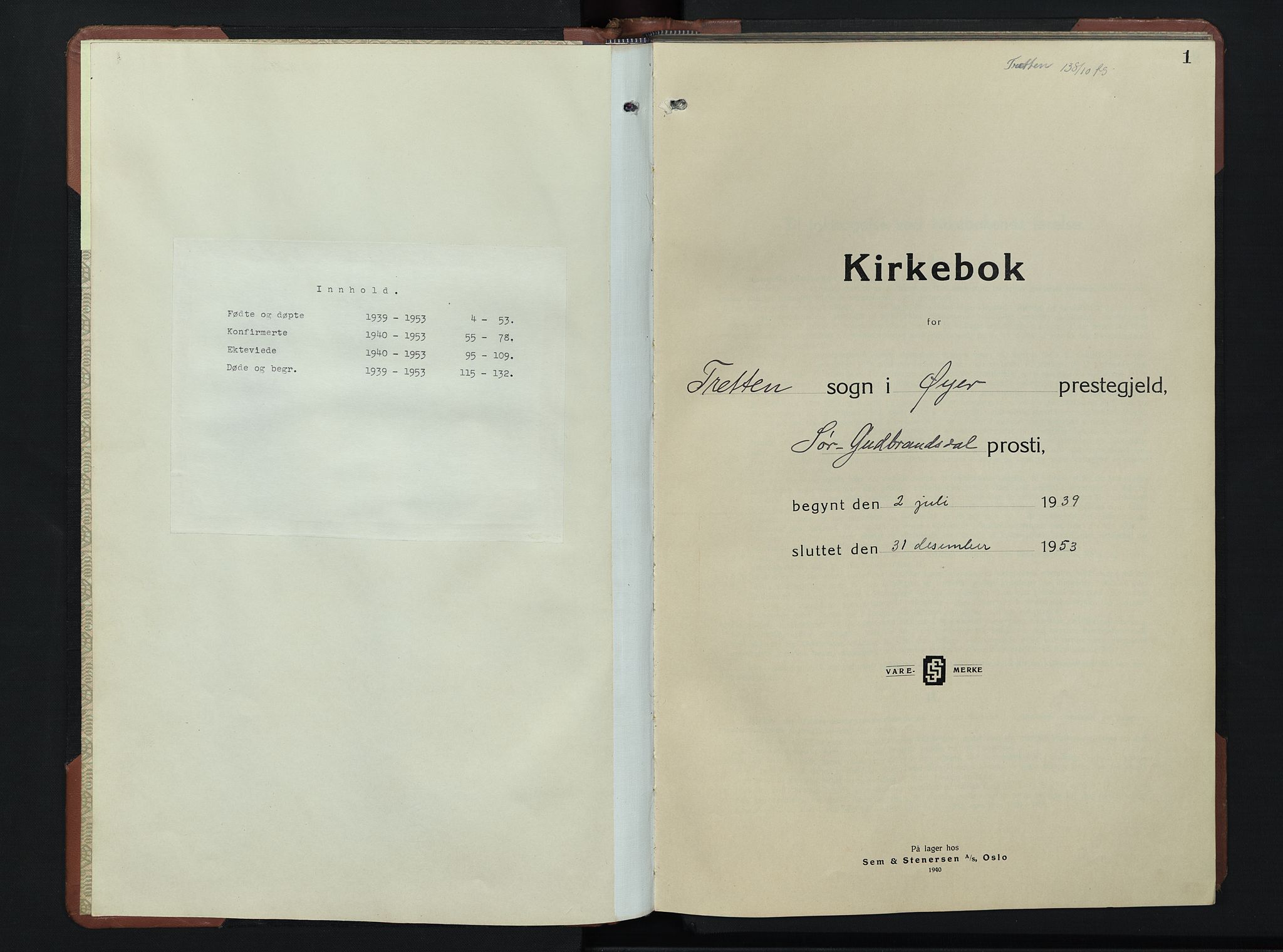 Øyer prestekontor, SAH/PREST-084/H/Ha/Hab/L0009: Klokkerbok nr. 9, 1939-1953, s. 1
