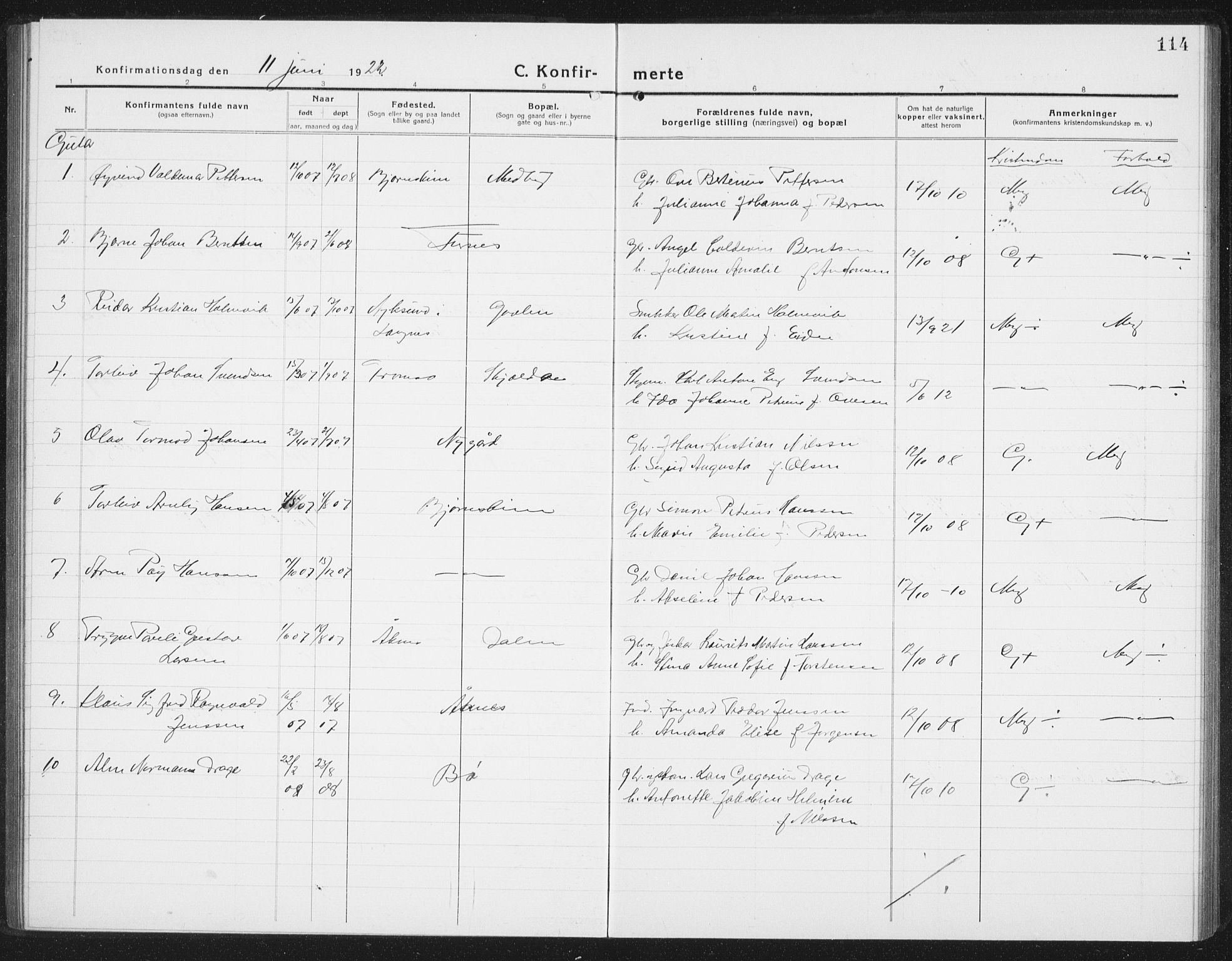 Ministerialprotokoller, klokkerbøker og fødselsregistre - Nordland, SAT/A-1459/898/L1428: Klokkerbok nr. 898C03, 1918-1938, s. 114