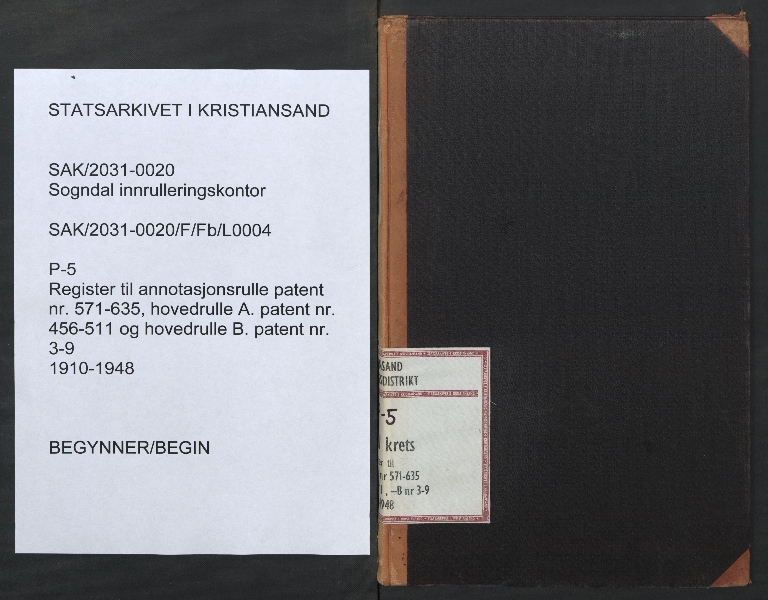 Sogndal mønstringskrets, SAK/2031-0020/F/Fb/L0004: Register til annotasjonsrulle nr 571-635, hovedrulle A nr 456-511 og hovedrulle B nr 3-9, P-5, 1910-1948, s. 1