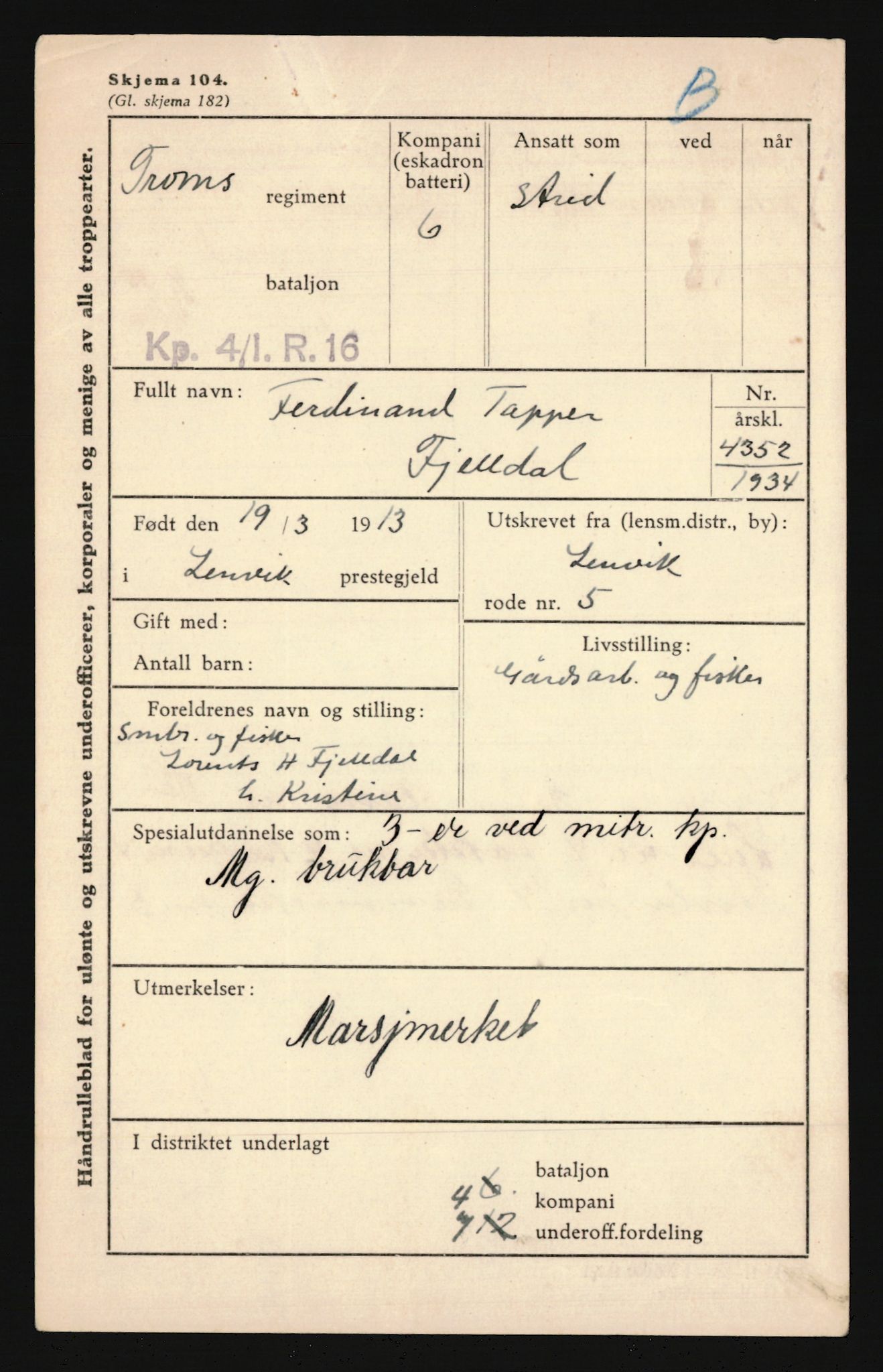 Forsvaret, Troms infanteriregiment nr. 16, AV/RA-RAFA-3146/P/Pa/L0018: Rulleblad for regimentets menige mannskaper, årsklasse 1934, 1934, s. 259