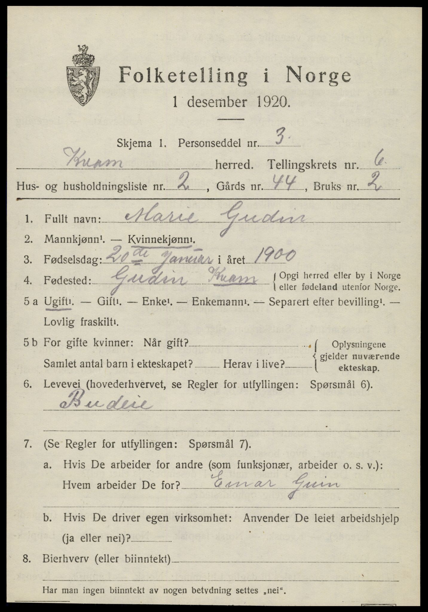 SAT, Folketelling 1920 for 1735 Kvam herred, 1920, s. 1601