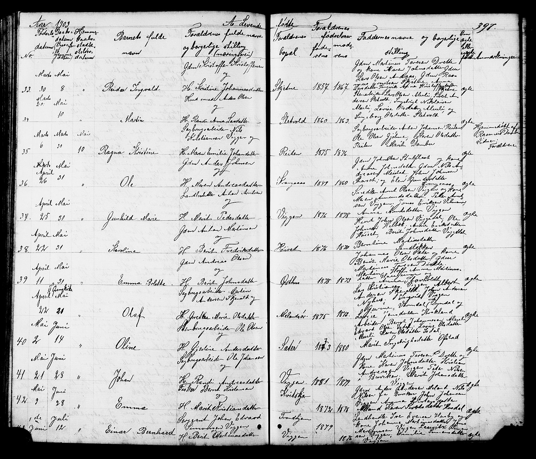 Ministerialprotokoller, klokkerbøker og fødselsregistre - Sør-Trøndelag, SAT/A-1456/665/L0777: Klokkerbok nr. 665C02, 1867-1915, s. 397
