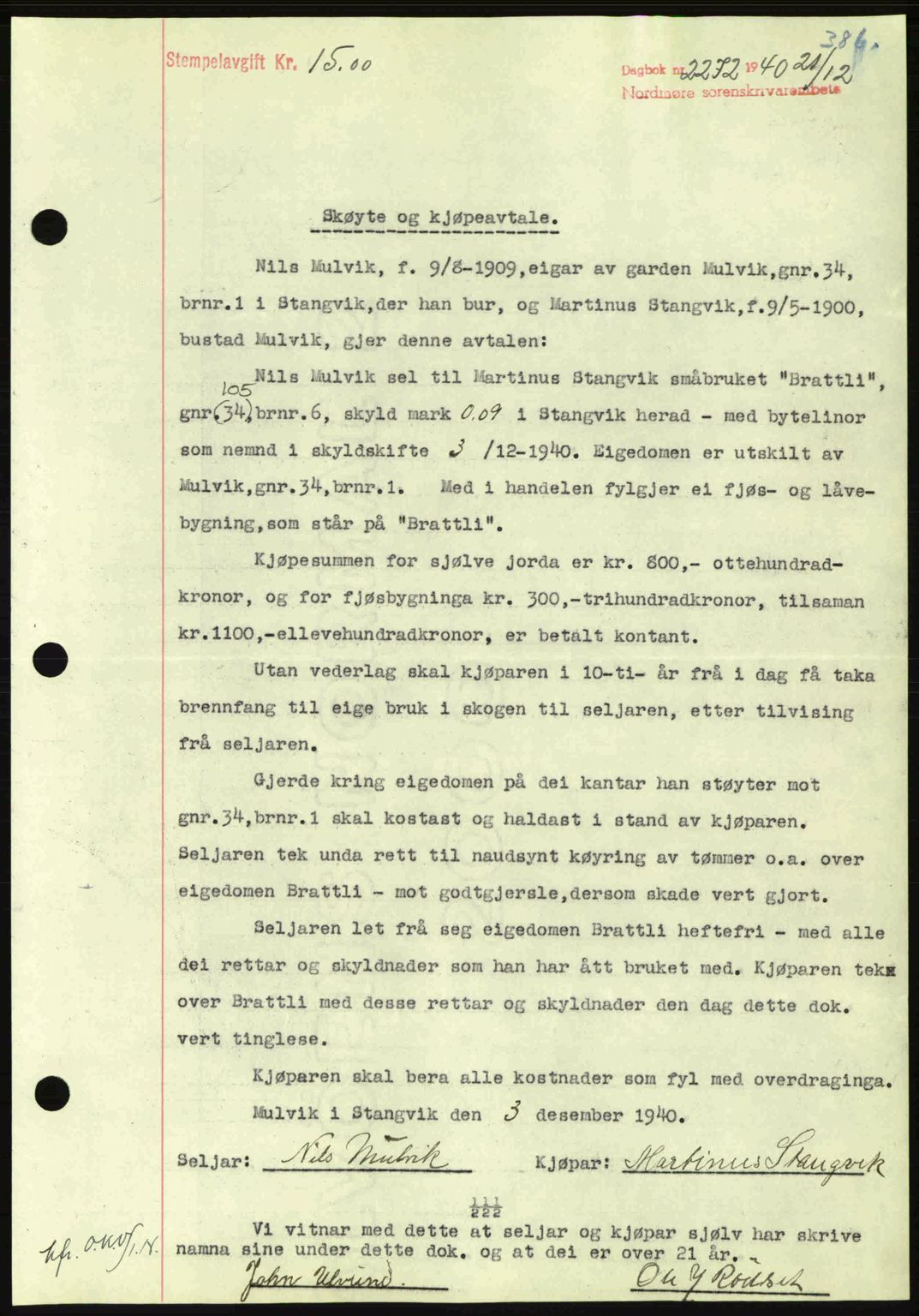 Nordmøre sorenskriveri, SAT/A-4132/1/2/2Ca: Pantebok nr. A89, 1940-1941, Dagboknr: 2272/1940
