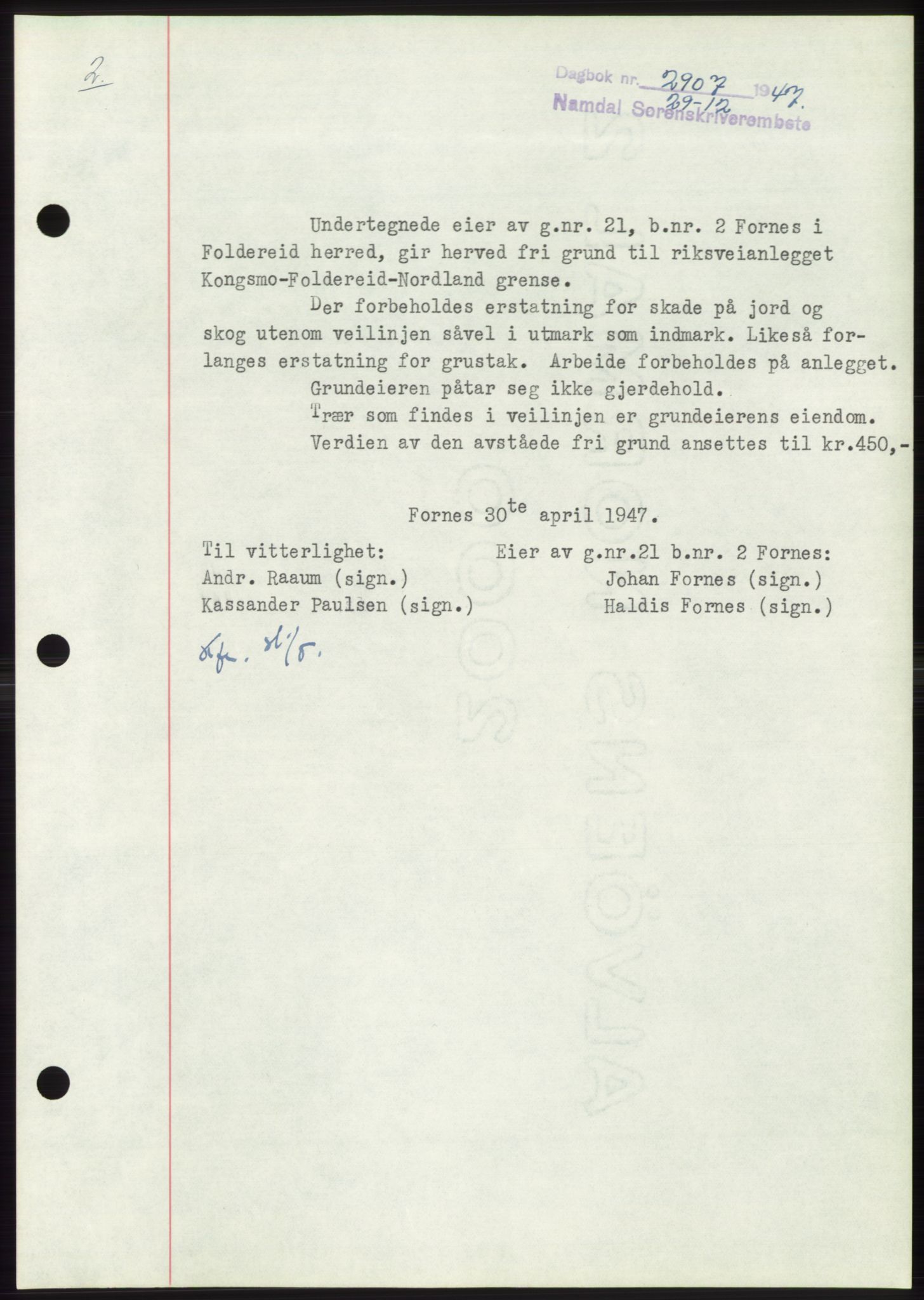 Namdal sorenskriveri, SAT/A-4133/1/2/2C: Pantebok nr. -, 1947-1948, Dagboknr: 2907/1947