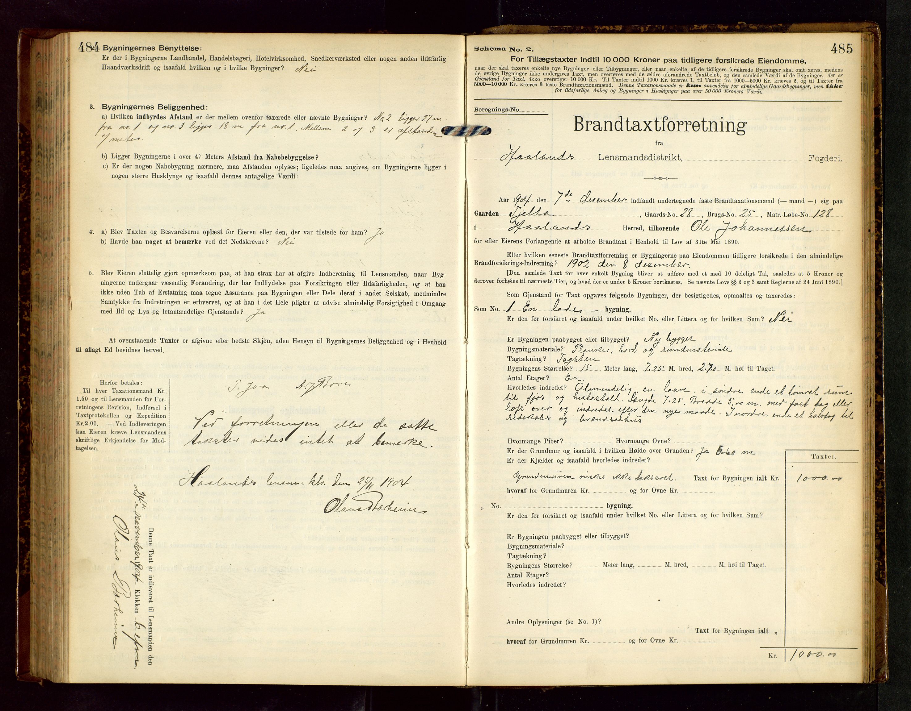 Håland lensmannskontor, SAST/A-100100/Gob/L0002: Branntakstprotokoll - skjematakst. Register i boken., 1902-1906, s. 484-485