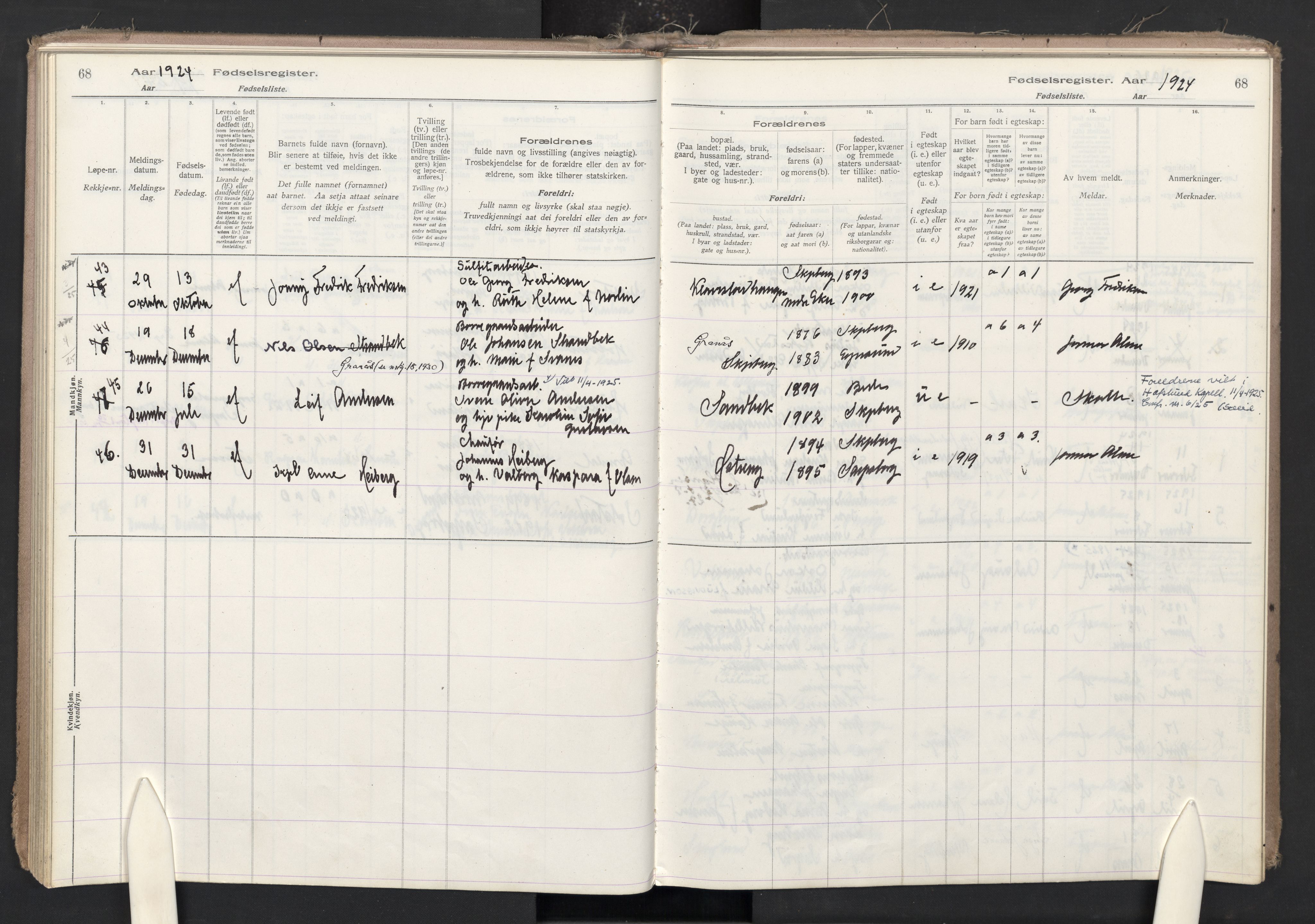 Skjeberg prestekontor Kirkebøker, AV/SAO-A-10923/J/Ja/L0001: Fødselsregister nr. I 1, 1916-1945, s. 68