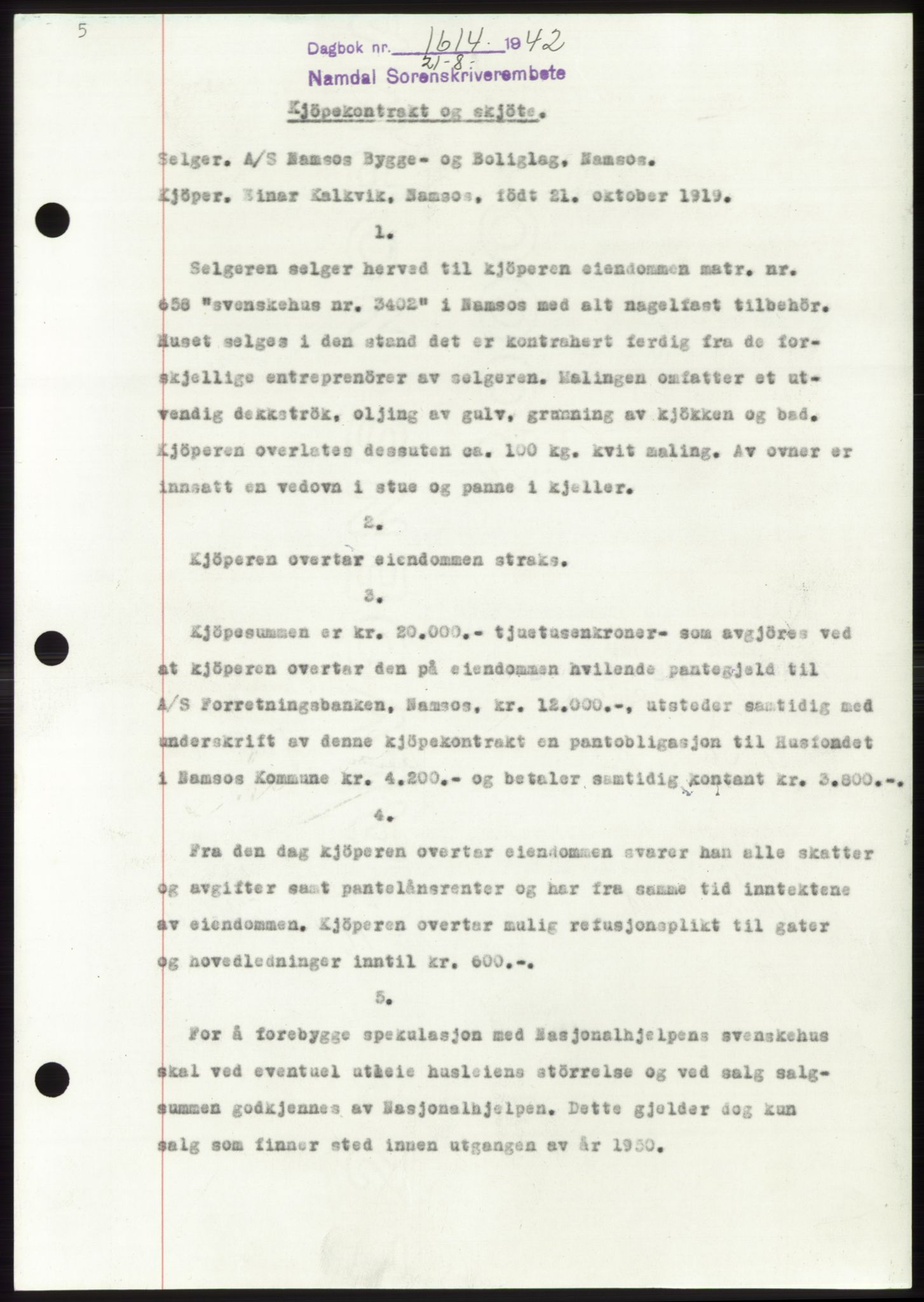 Namdal sorenskriveri, SAT/A-4133/1/2/2C: Pantebok nr. -, 1942-1943, Dagboknr: 1614/1942