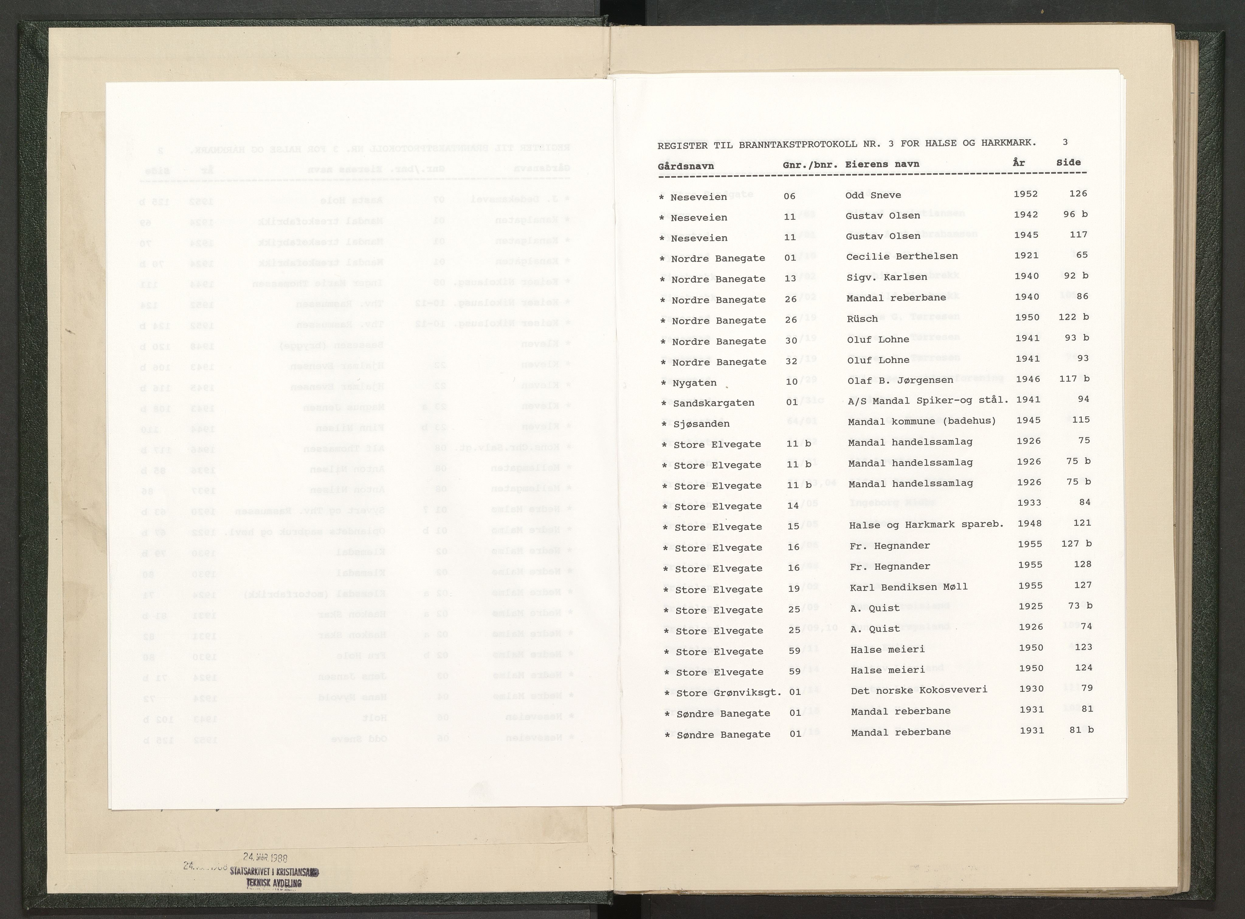 Norges Brannkasse Halse og Harkmark, AV/SAK-2241-0020/F/Fa/L0003: Branntakstprotokoll nr. 3 med gårdsnavnregister, 1895-1955