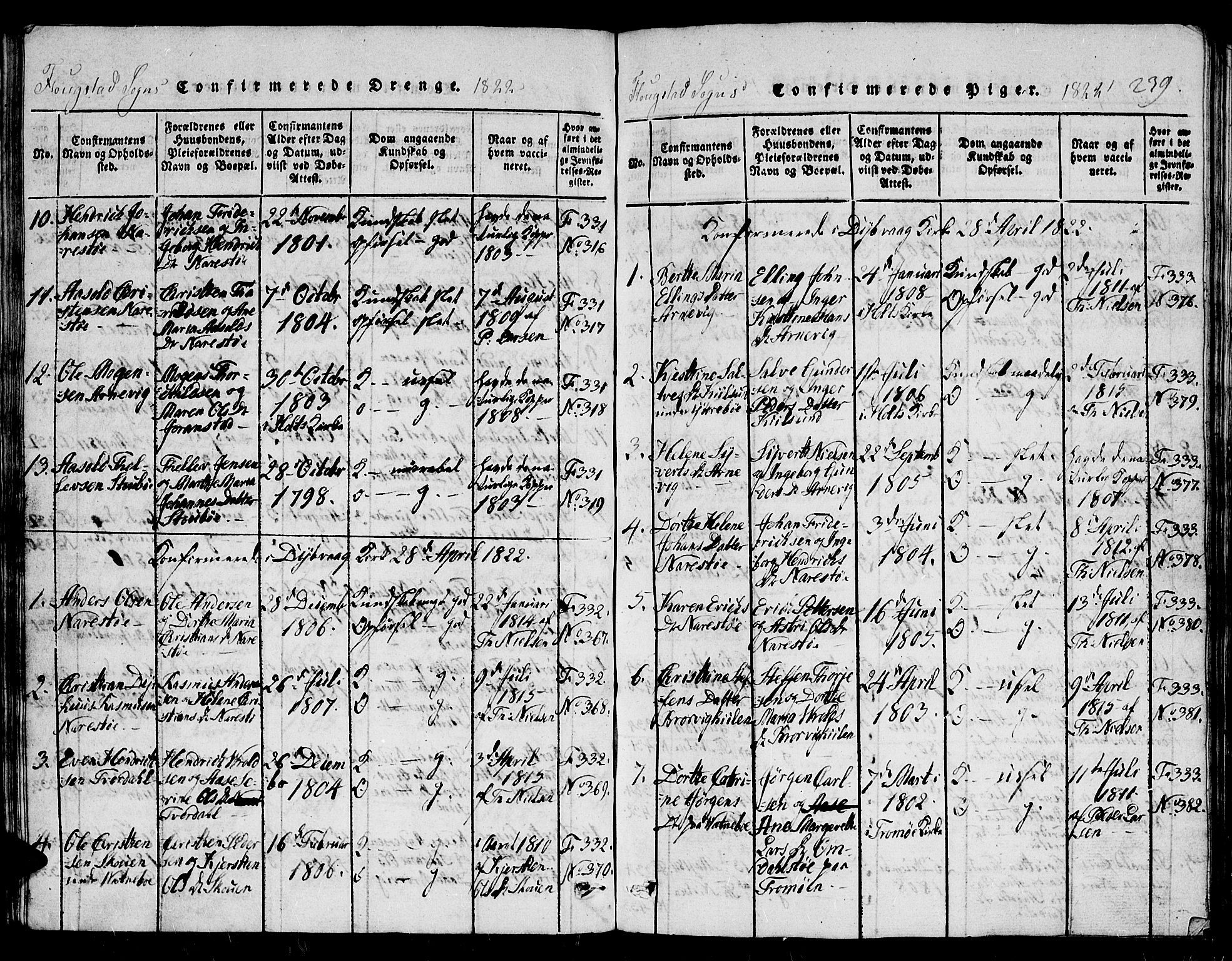 Dypvåg sokneprestkontor, SAK/1111-0007/F/Fb/Fbb/L0001: Klokkerbok nr. B 1, 1816-1850, s. 239