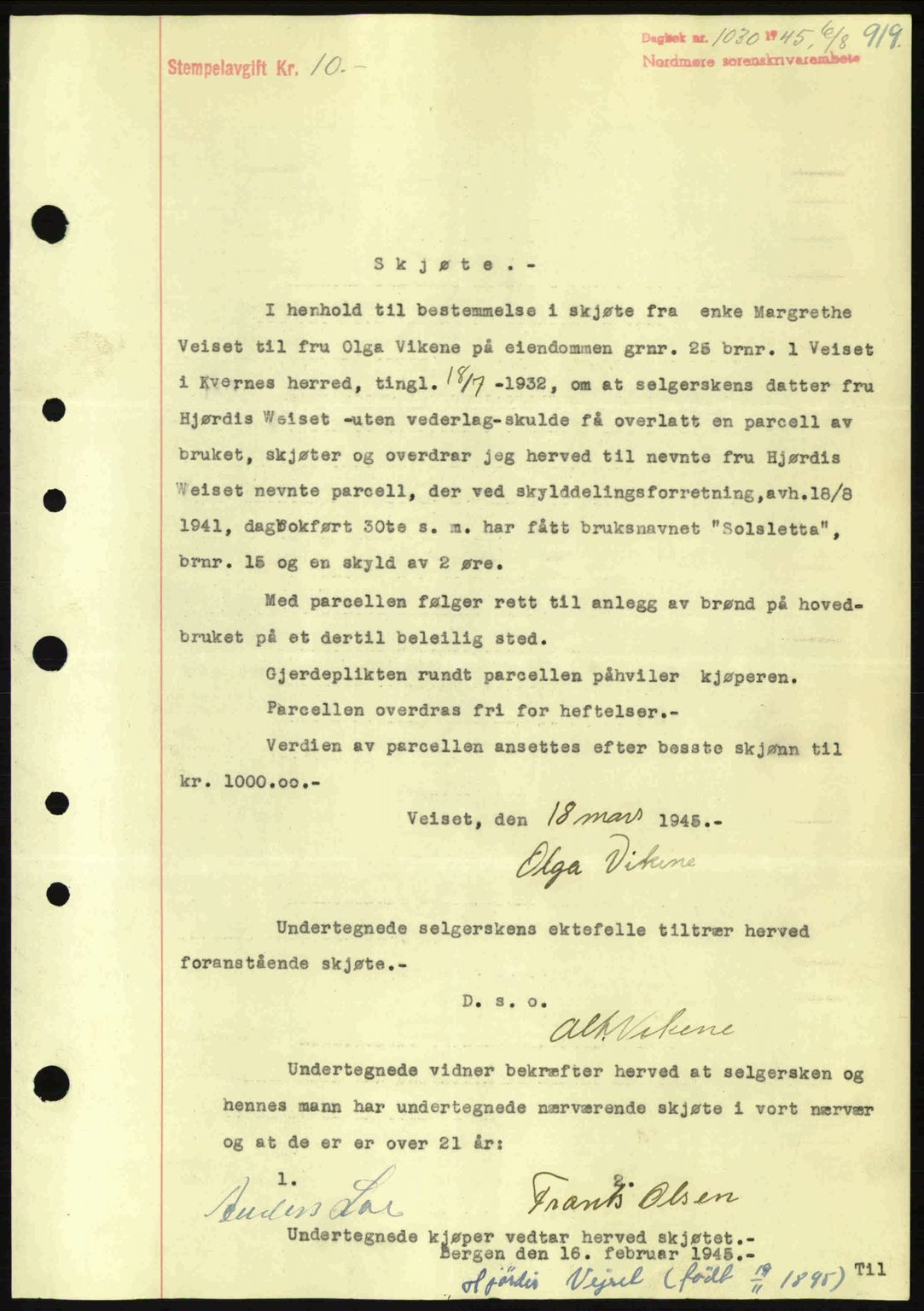 Nordmøre sorenskriveri, SAT/A-4132/1/2/2Ca: Pantebok nr. A99, 1945-1945, Dagboknr: 1030/1945