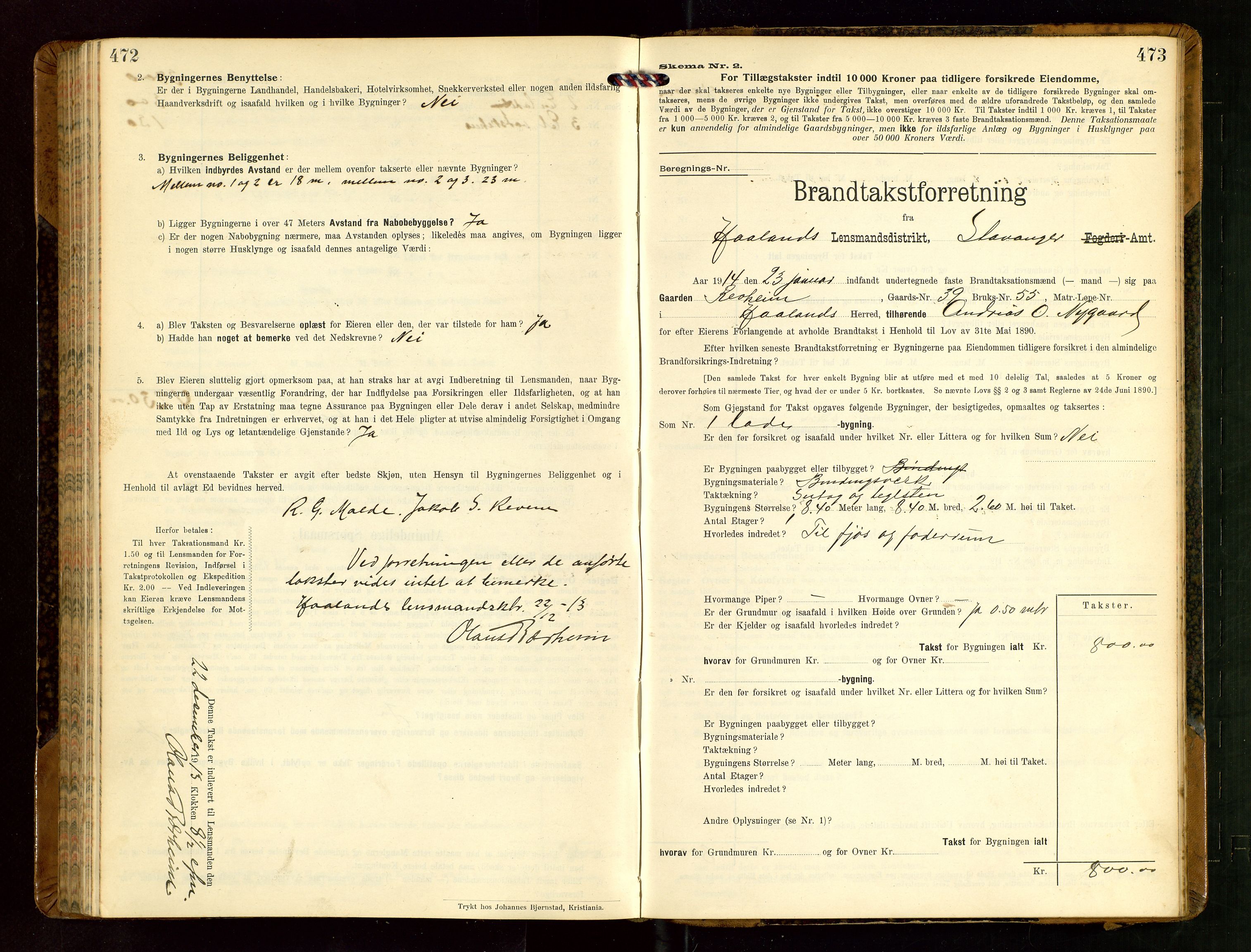 Håland lensmannskontor, SAST/A-100100/Gob/L0004: Branntakstprotokoll - skjematakst. Register i boken., 1913-1915, s. 472-473