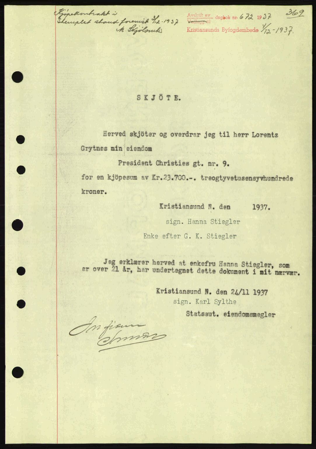 Kristiansund byfogd, AV/SAT-A-4587/A/27: Pantebok nr. 30, 1936-1941, Dagboknr: 672/1937