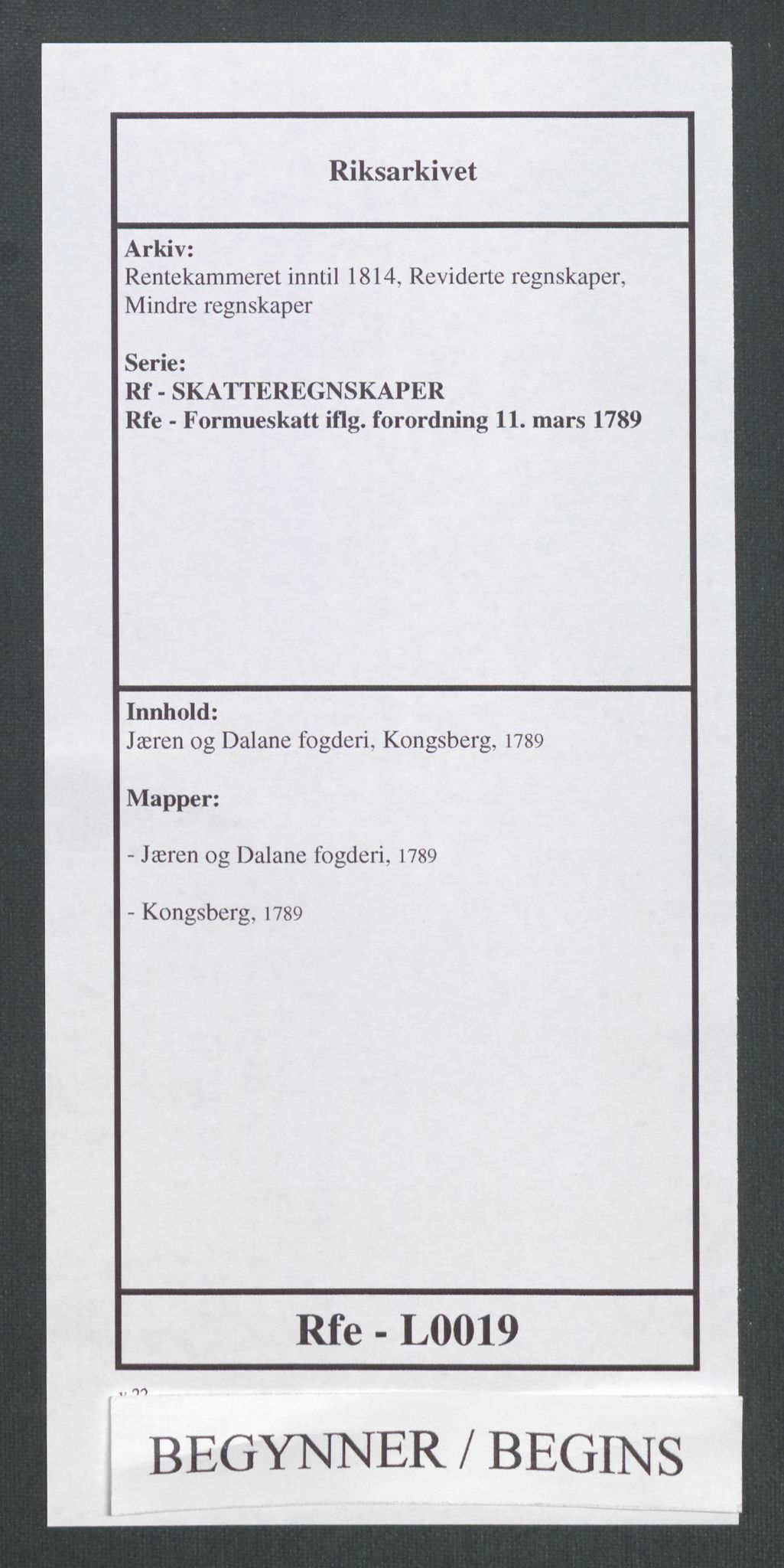 Rentekammeret inntil 1814, Reviderte regnskaper, Mindre regnskaper, RA/EA-4068/Rf/Rfe/L0019: Jæren og Dalane fogderi, Kongsberg, 1789, s. 1