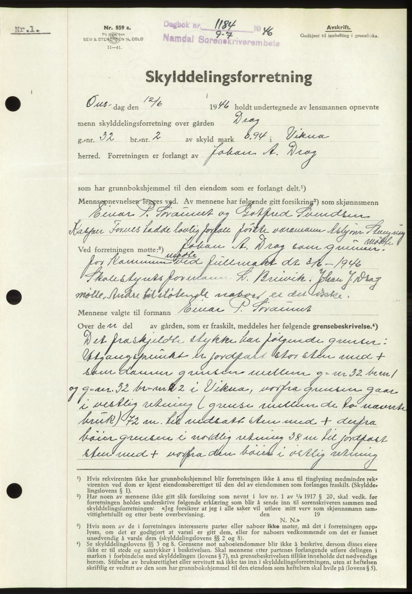 Namdal sorenskriveri, SAT/A-4133/1/2/2C: Pantebok nr. -, 1946-1946, Dagboknr: 1184/1946