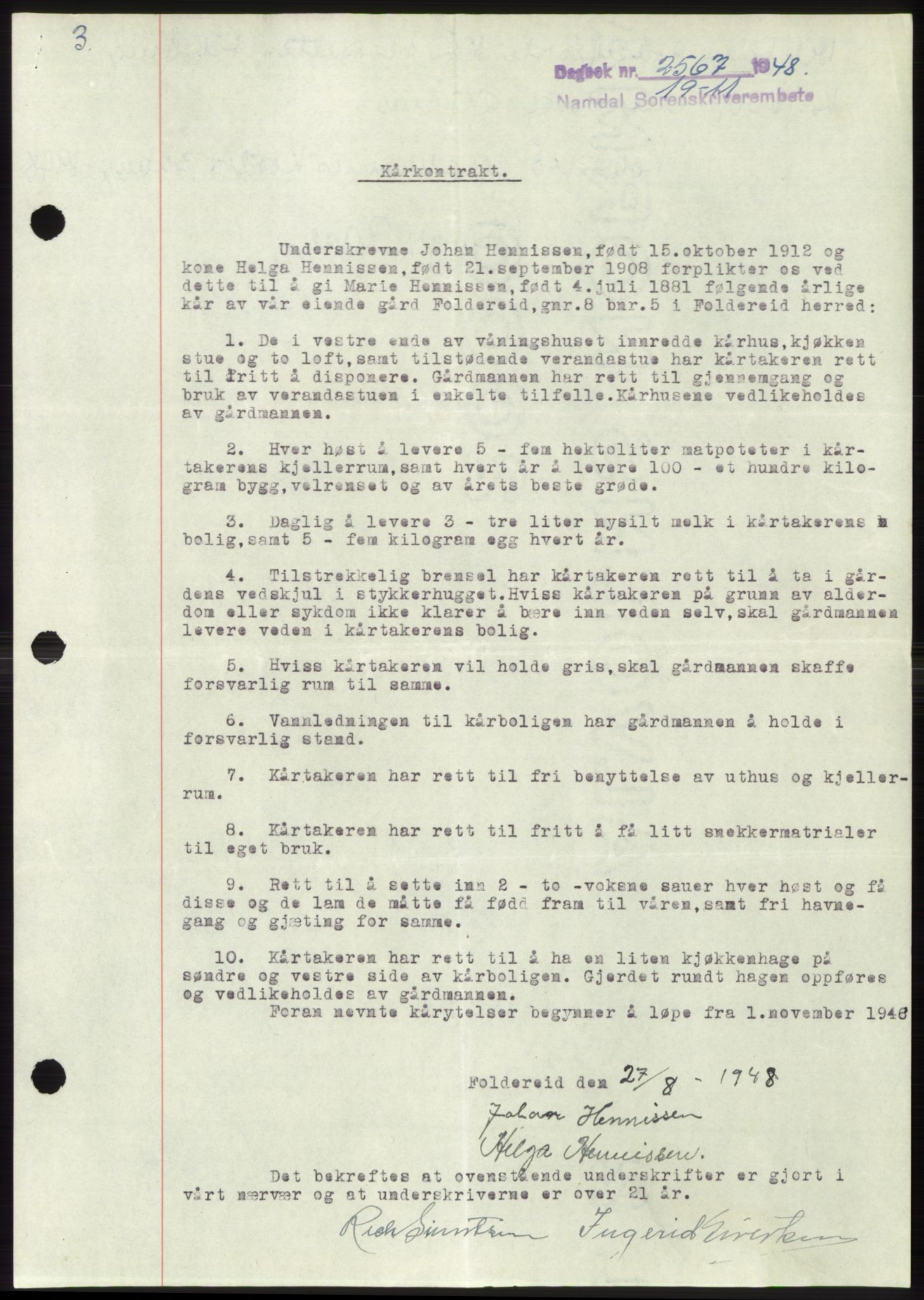 Namdal sorenskriveri, SAT/A-4133/1/2/2C: Pantebok nr. -, 1948-1948, Dagboknr: 2567/1948