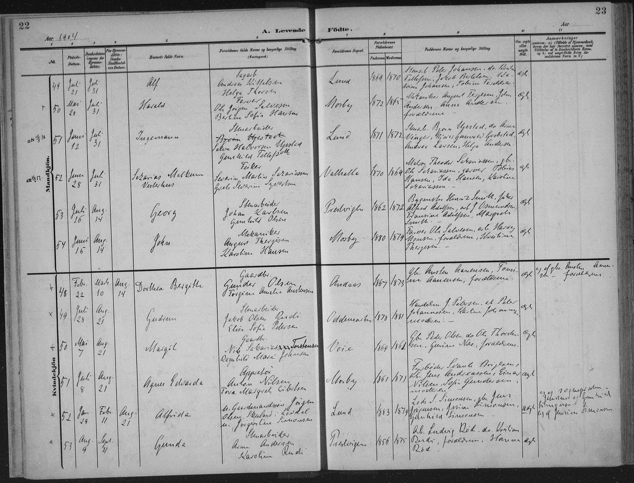 Oddernes sokneprestkontor, AV/SAK-1111-0033/F/Fa/Faa/L0011: Ministerialbok nr. A 11, 1904-1911, s. 22-23