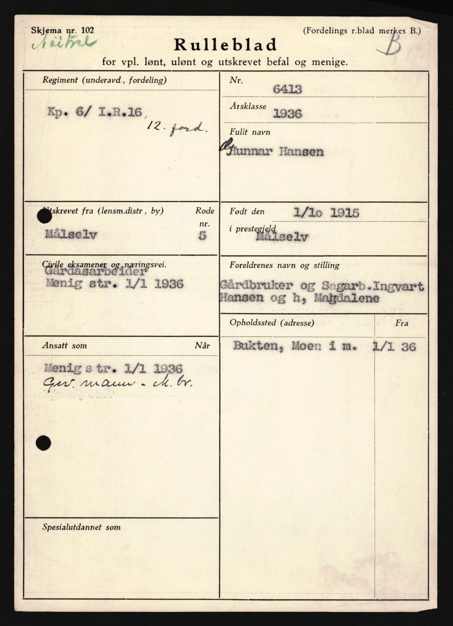 Forsvaret, Troms infanteriregiment nr. 16, AV/RA-RAFA-3146/P/Pa/L0020: Rulleblad for regimentets menige mannskaper, årsklasse 1936, 1936, s. 319