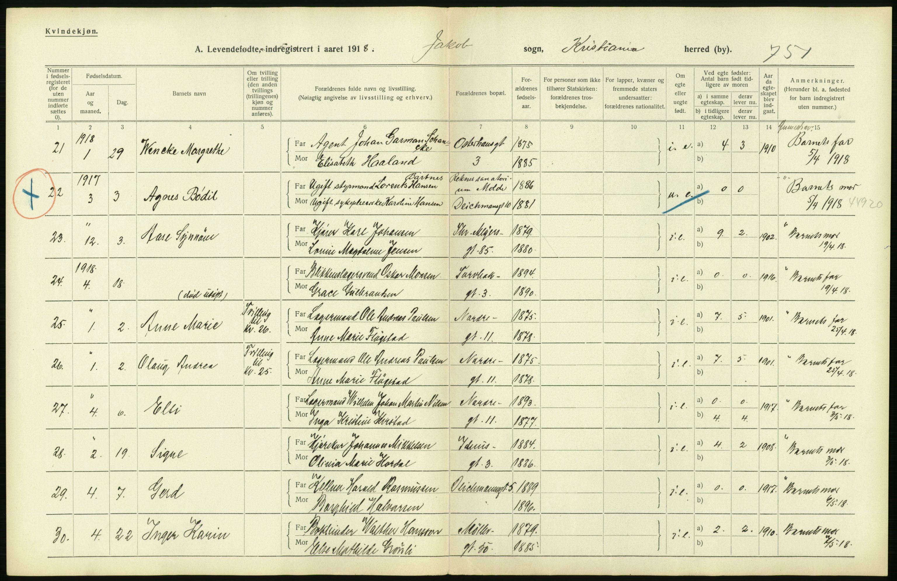 Statistisk sentralbyrå, Sosiodemografiske emner, Befolkning, AV/RA-S-2228/D/Df/Dfb/Dfbh/L0007: Kristiania: Levendefødte menn og kvinner., 1918, s. 644