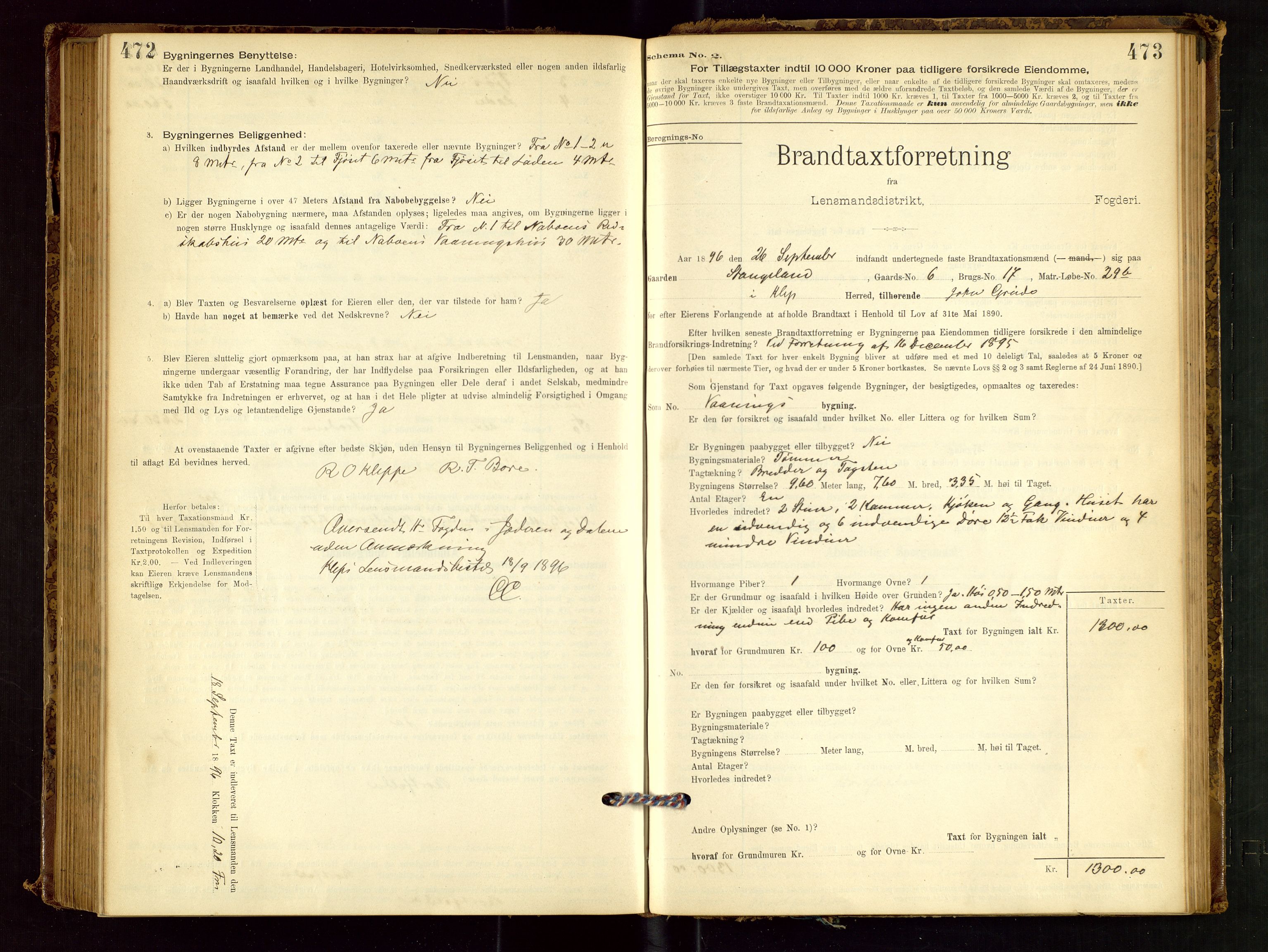 Klepp lensmannskontor, AV/SAST-A-100163/Goc/L0001: "Brandtaxationsprotokol" m/register, 1895-1898, s. 472-473