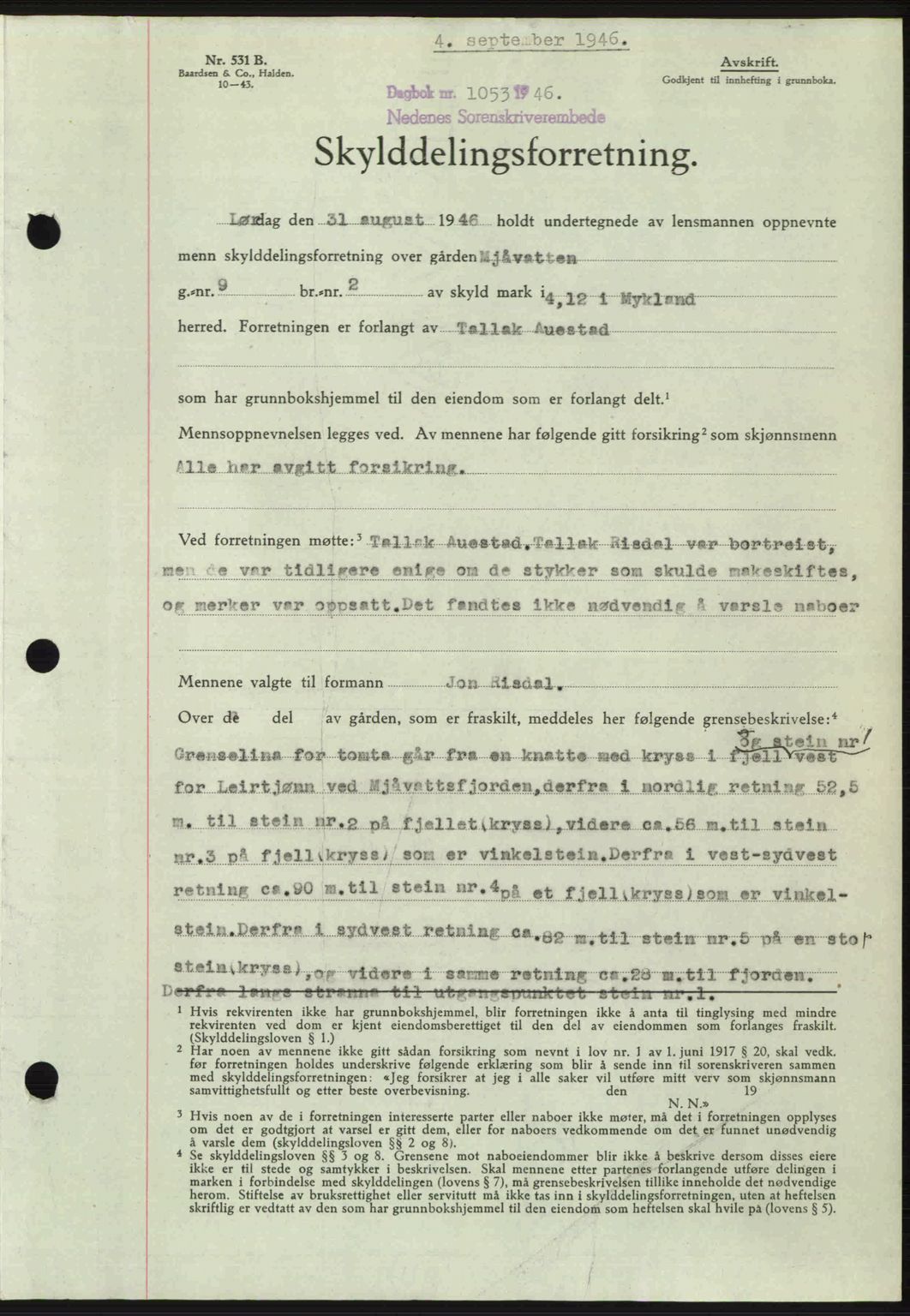 Nedenes sorenskriveri, AV/SAK-1221-0006/G/Gb/Gba/L0056: Pantebok nr. A8, 1946-1947, Dagboknr: 1053/1946