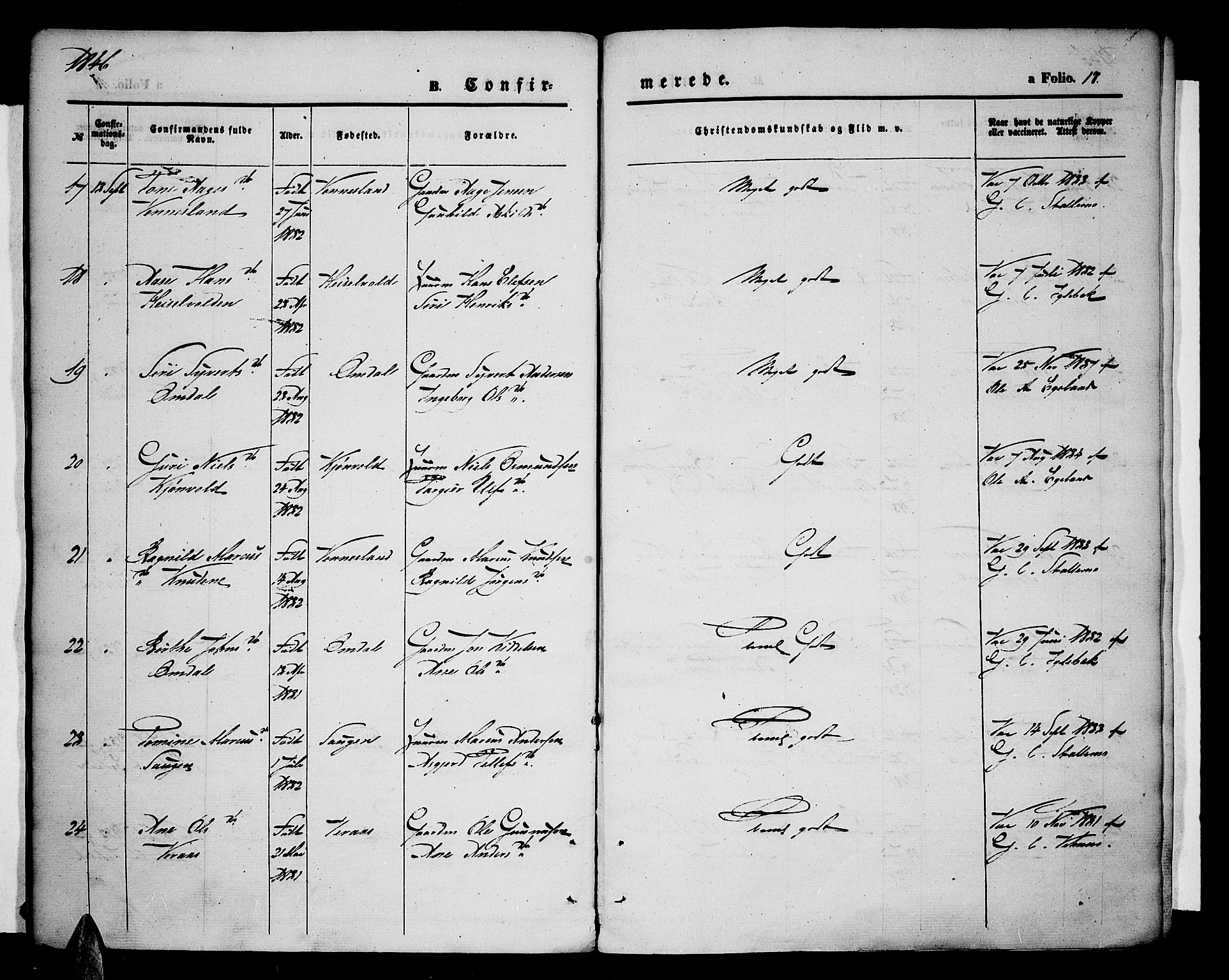 Vennesla sokneprestkontor, AV/SAK-1111-0045/Fa/Fac/L0005: Ministerialbok nr. A 5, 1844-1855, s. 17