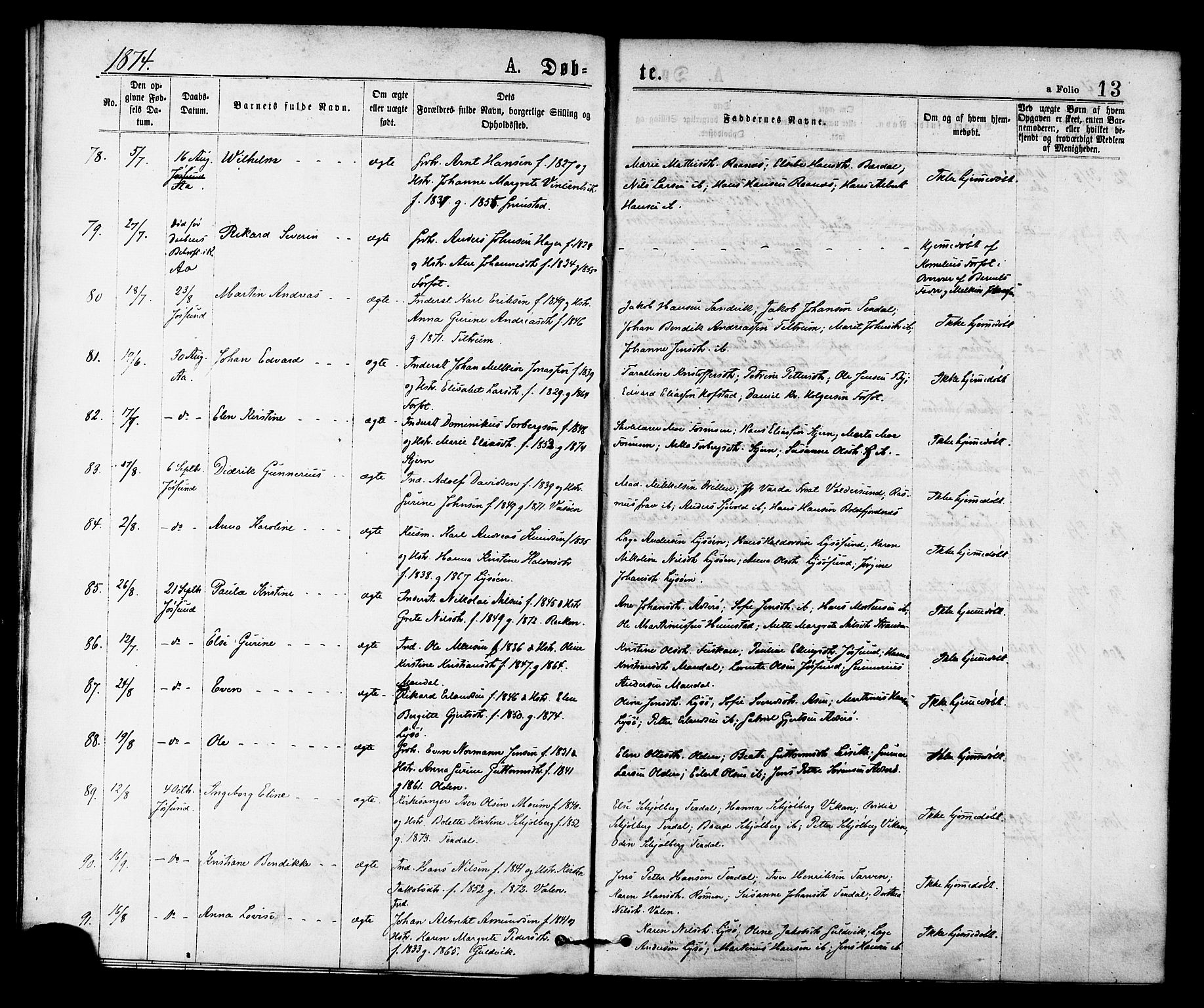 Ministerialprotokoller, klokkerbøker og fødselsregistre - Sør-Trøndelag, SAT/A-1456/655/L0679: Ministerialbok nr. 655A08, 1873-1879, s. 13