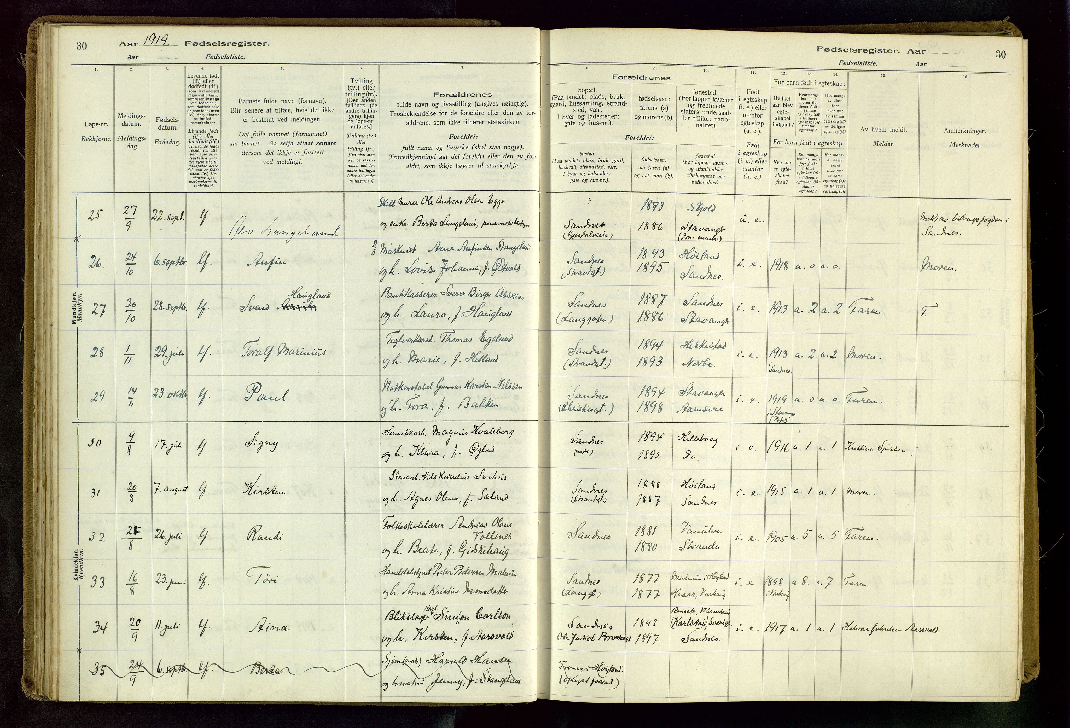Sandnes sokneprestkontor, SAST/A-101800/704BA/L0001: Fødselsregister nr. 1, 1916-1942, s. 30
