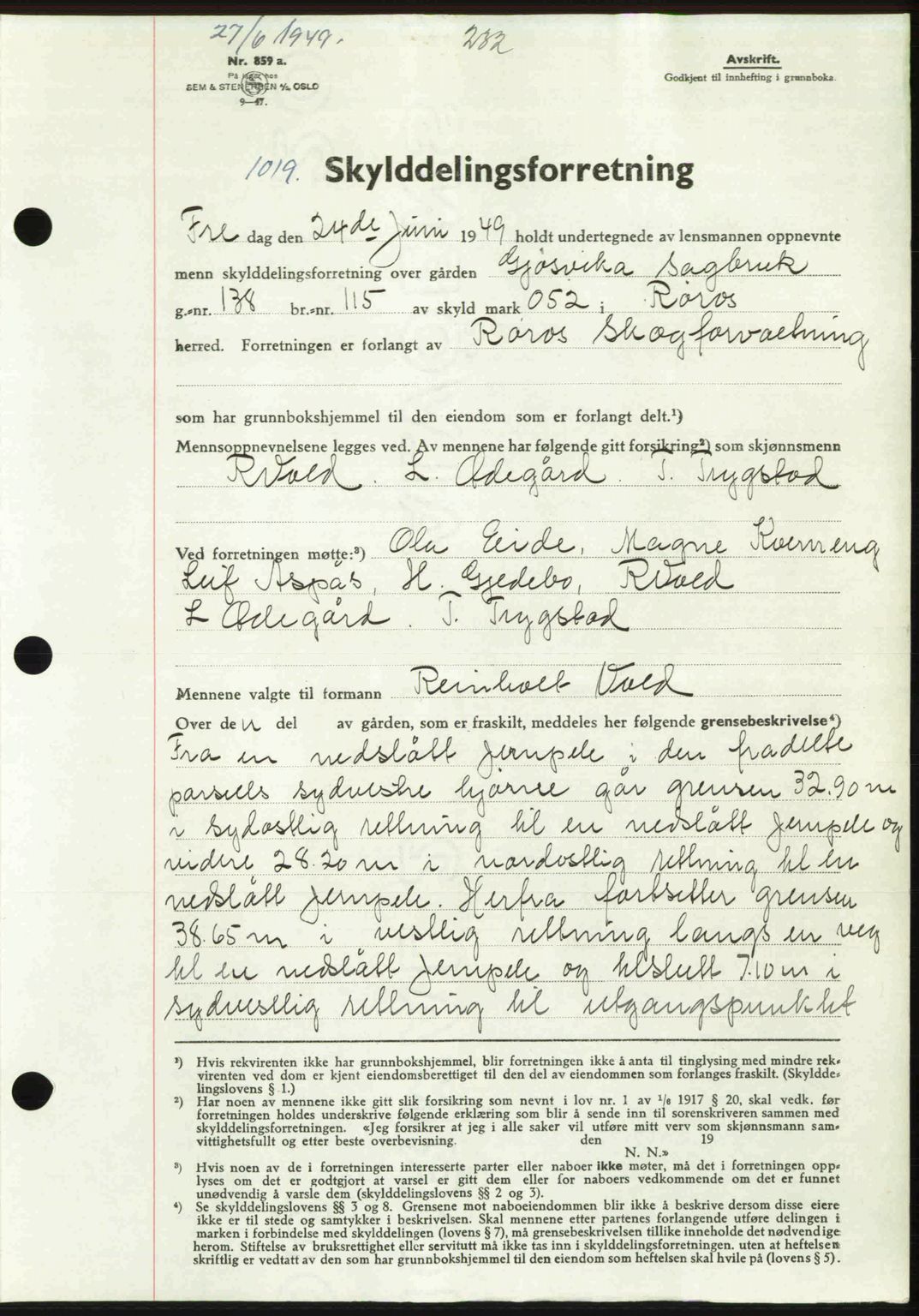 Gauldal sorenskriveri, SAT/A-0014/1/2/2C: Pantebok nr. A8, 1949-1949, Dagboknr: 1019/1949