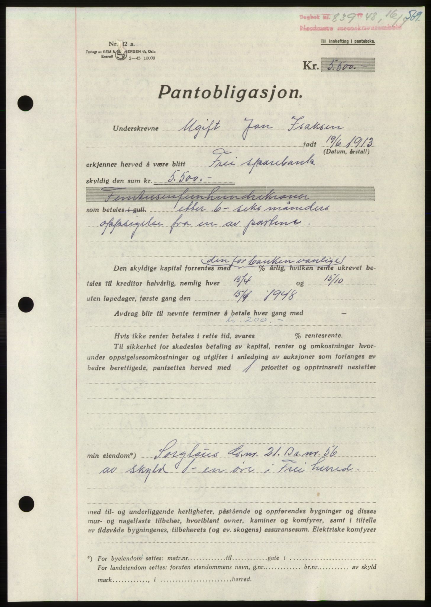Nordmøre sorenskriveri, SAT/A-4132/1/2/2Ca: Pantebok nr. B98, 1948-1948, Dagboknr: 839/1948