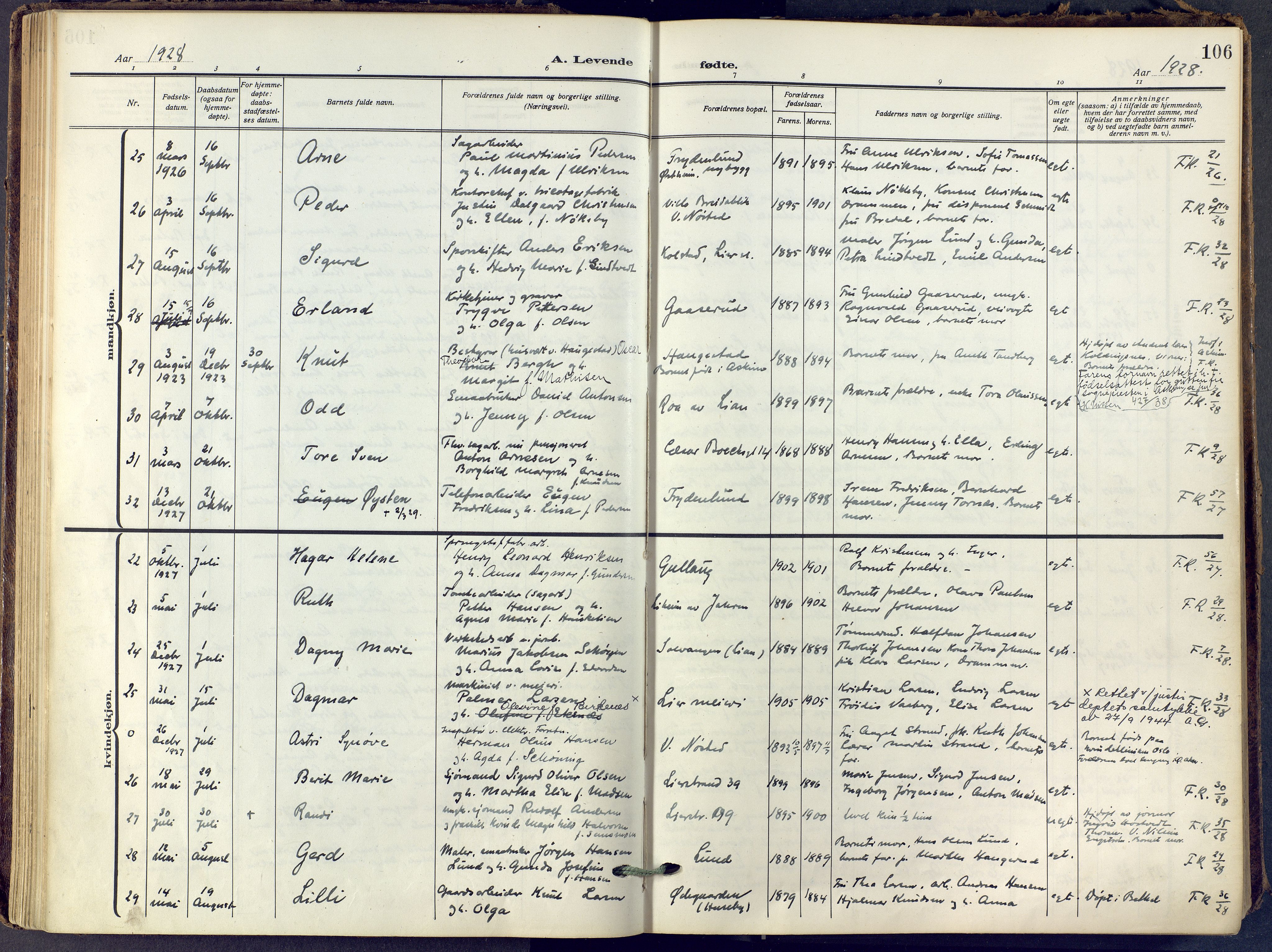 Lier kirkebøker, SAKO/A-230/F/Fa/L0019: Ministerialbok nr. I 19, 1918-1928, s. 106