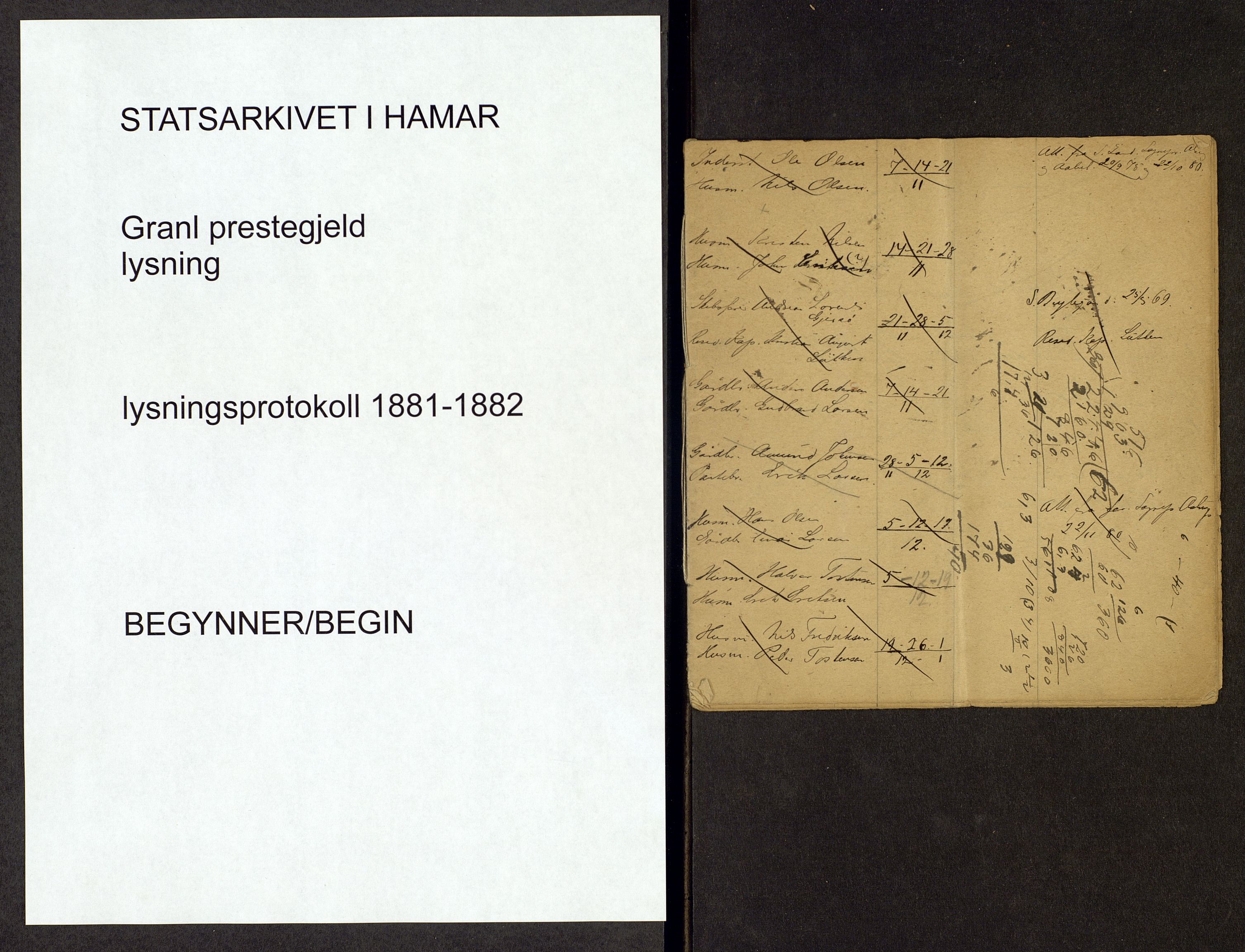 Gran prestekontor, SAH/PREST-112/I/Ie: Lysningsprotokoll nr. -, 1881-1882