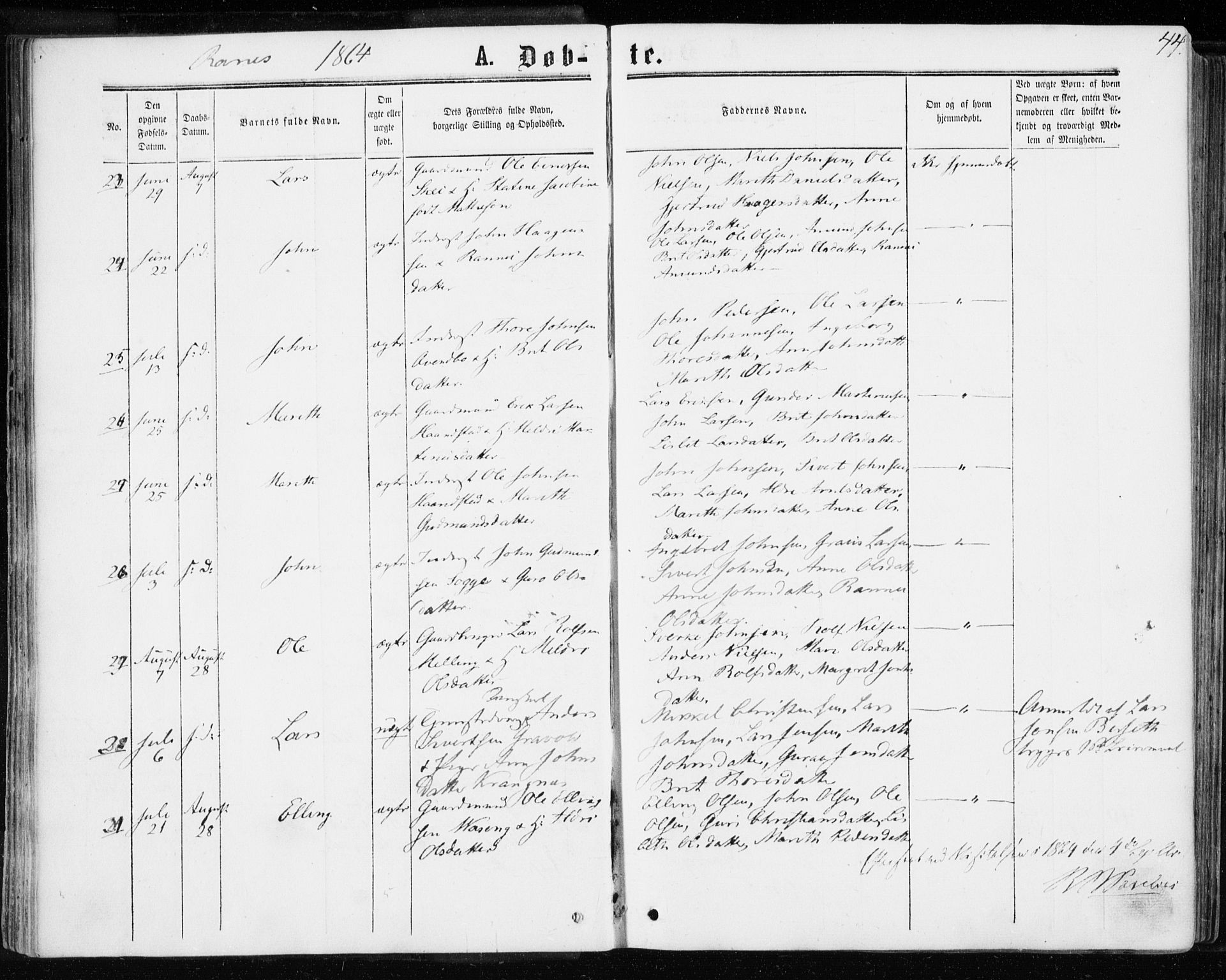 Ministerialprotokoller, klokkerbøker og fødselsregistre - Møre og Romsdal, SAT/A-1454/595/L1045: Ministerialbok nr. 595A07, 1863-1873, s. 44