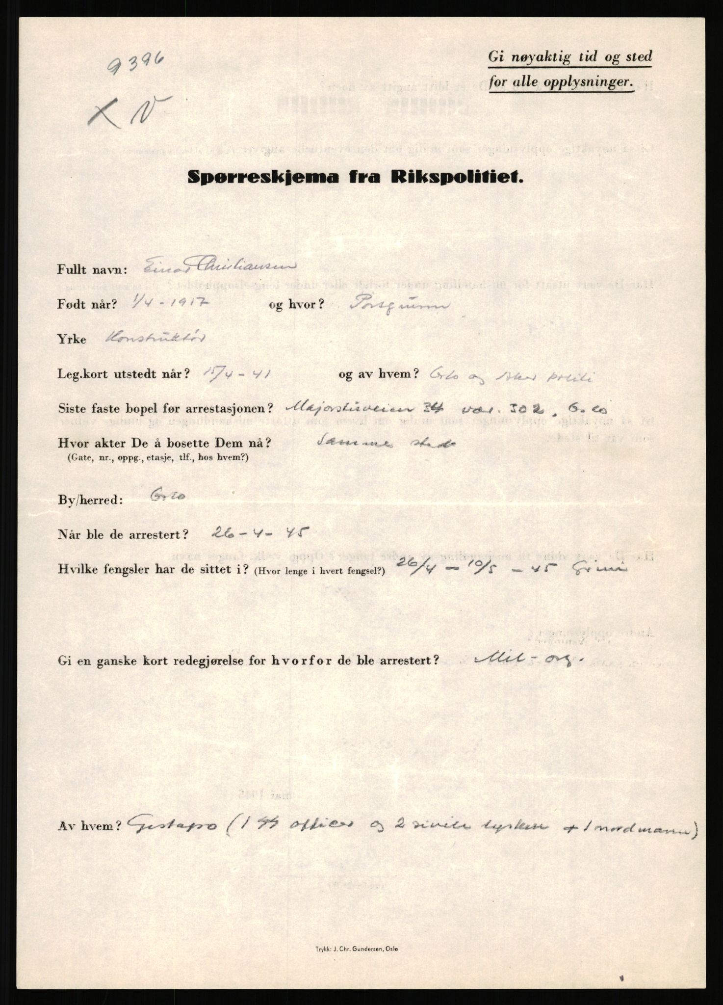 Rikspolitisjefen, AV/RA-S-1560/L/L0009: Karlsen, Aksel Emanuel - Kristiansen, Øivind Vetre, 1940-1945, s. 1009