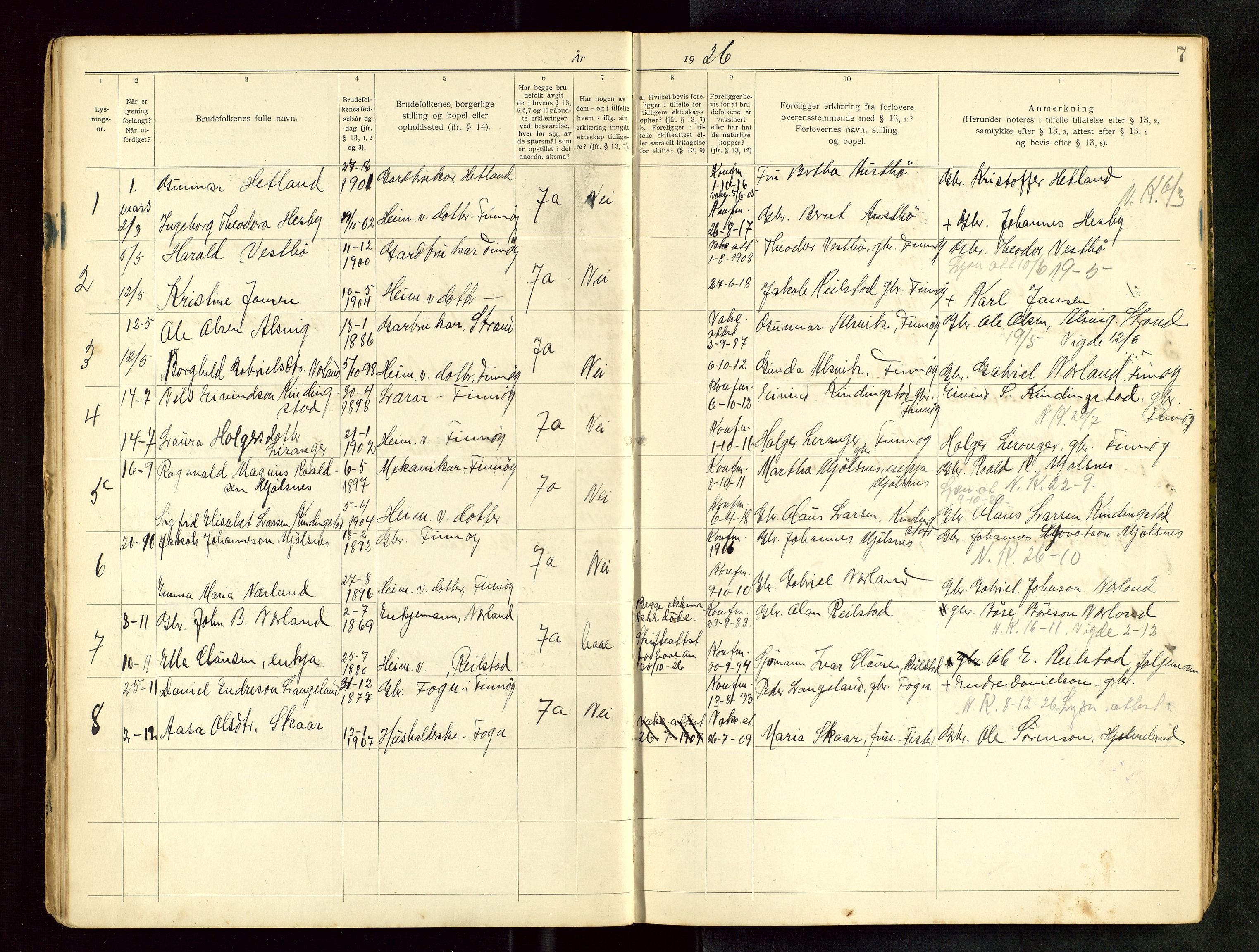 Finnøy sokneprestkontor, AV/SAST-A-101825/I/Ie/L0001: Lysningsprotokoll nr. 1, 1919-1949, s. 7