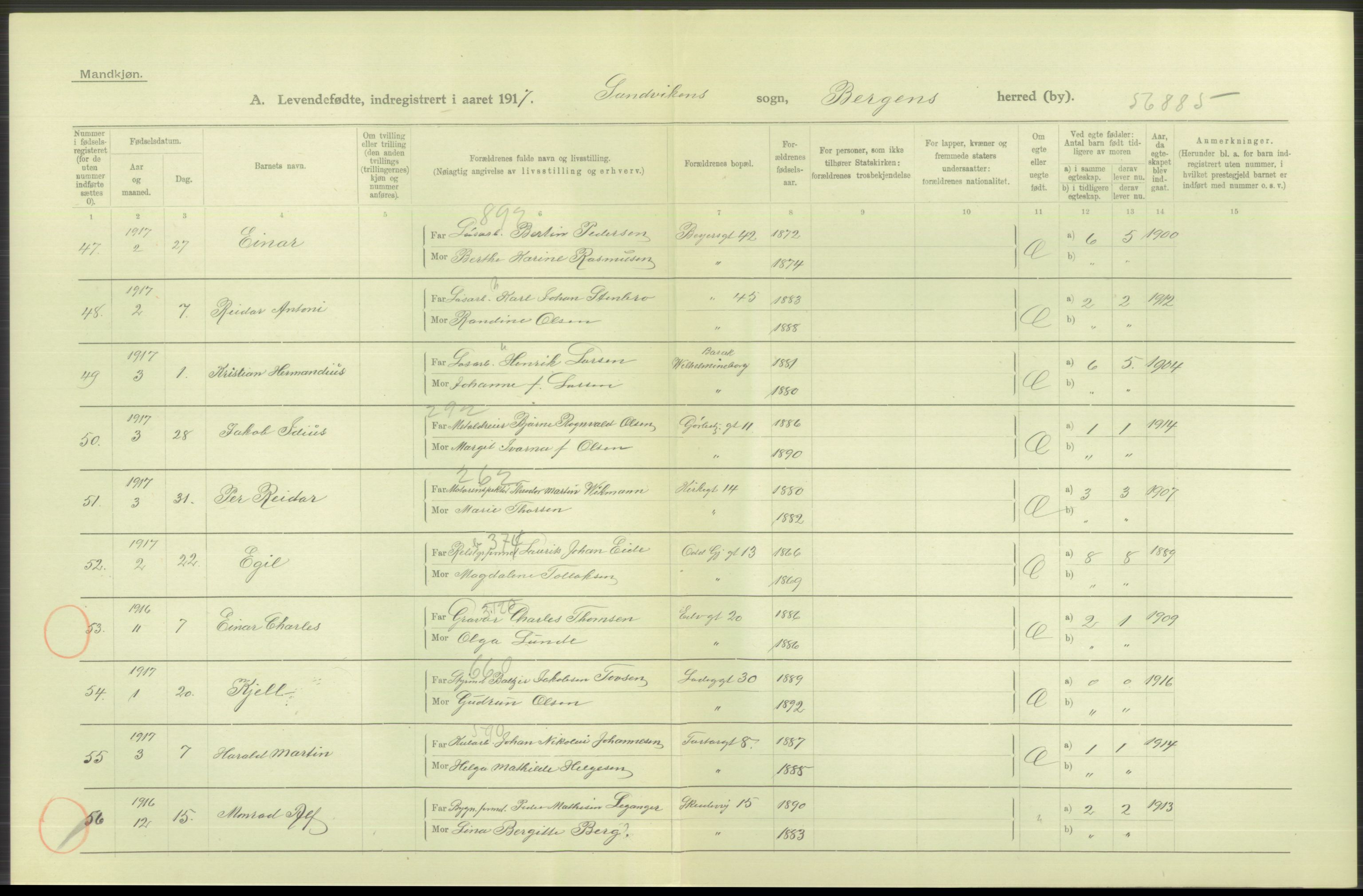 Statistisk sentralbyrå, Sosiodemografiske emner, Befolkning, AV/RA-S-2228/D/Df/Dfb/Dfbg/L0037: Bergen: Levendefødte menn og kvinner., 1917, s. 302