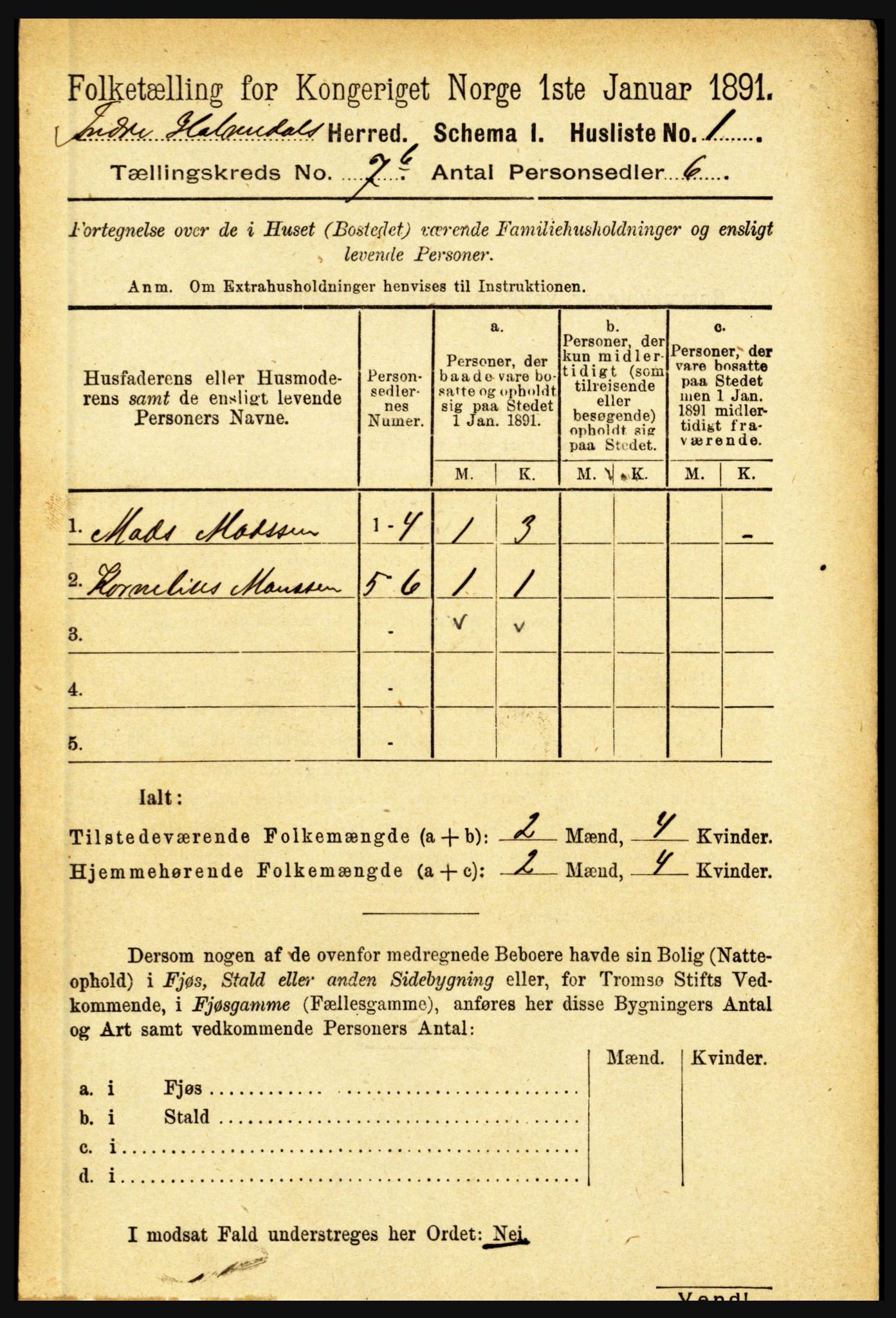 RA, Folketelling 1891 for 1430 Indre Holmedal herred, 1891, s. 2990