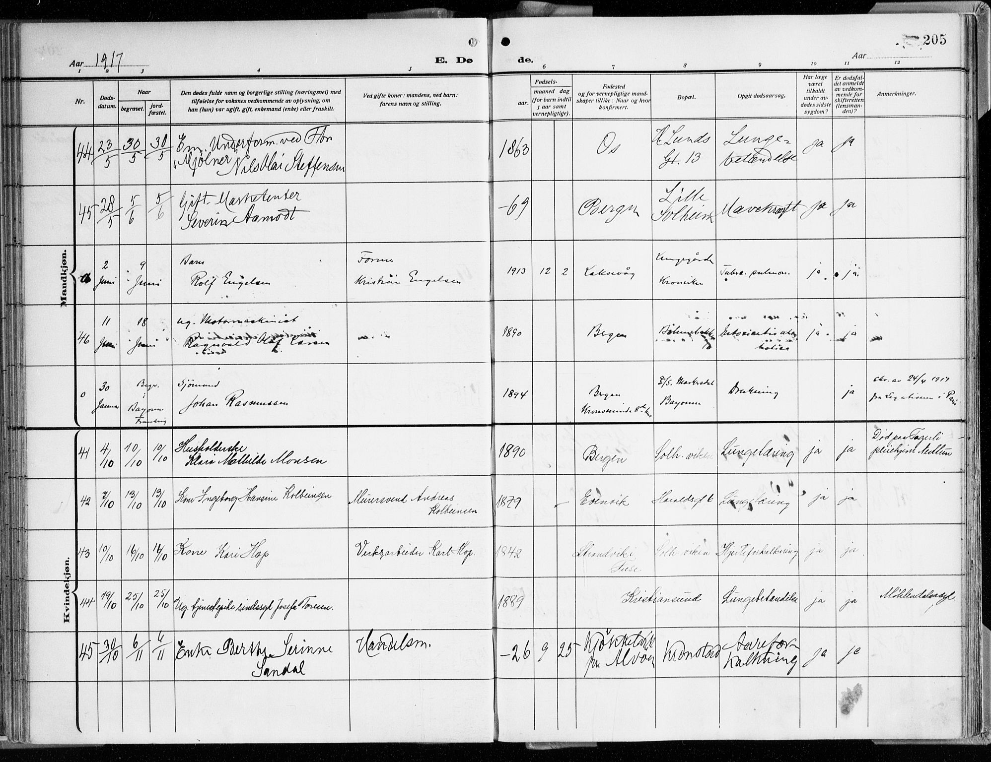 Årstad Sokneprestembete, AV/SAB-A-79301/H/Haa/L0003: Ministerialbok nr. A 3, 1914-1919, s. 205