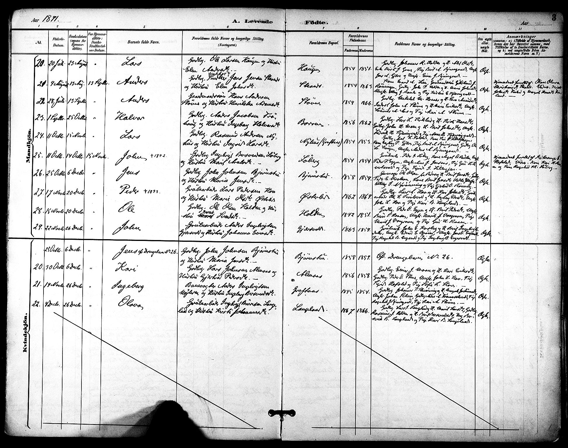 Ministerialprotokoller, klokkerbøker og fødselsregistre - Sør-Trøndelag, AV/SAT-A-1456/686/L0984: Ministerialbok nr. 686A02, 1891-1906, s. 3