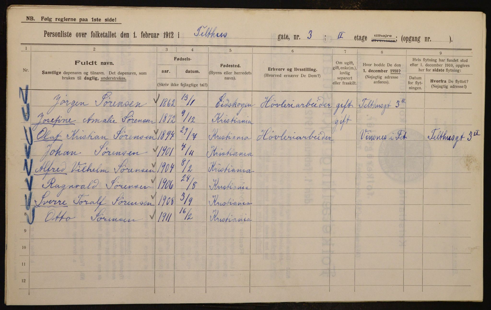 OBA, Kommunal folketelling 1.2.1912 for Kristiania, 1912, s. 107598