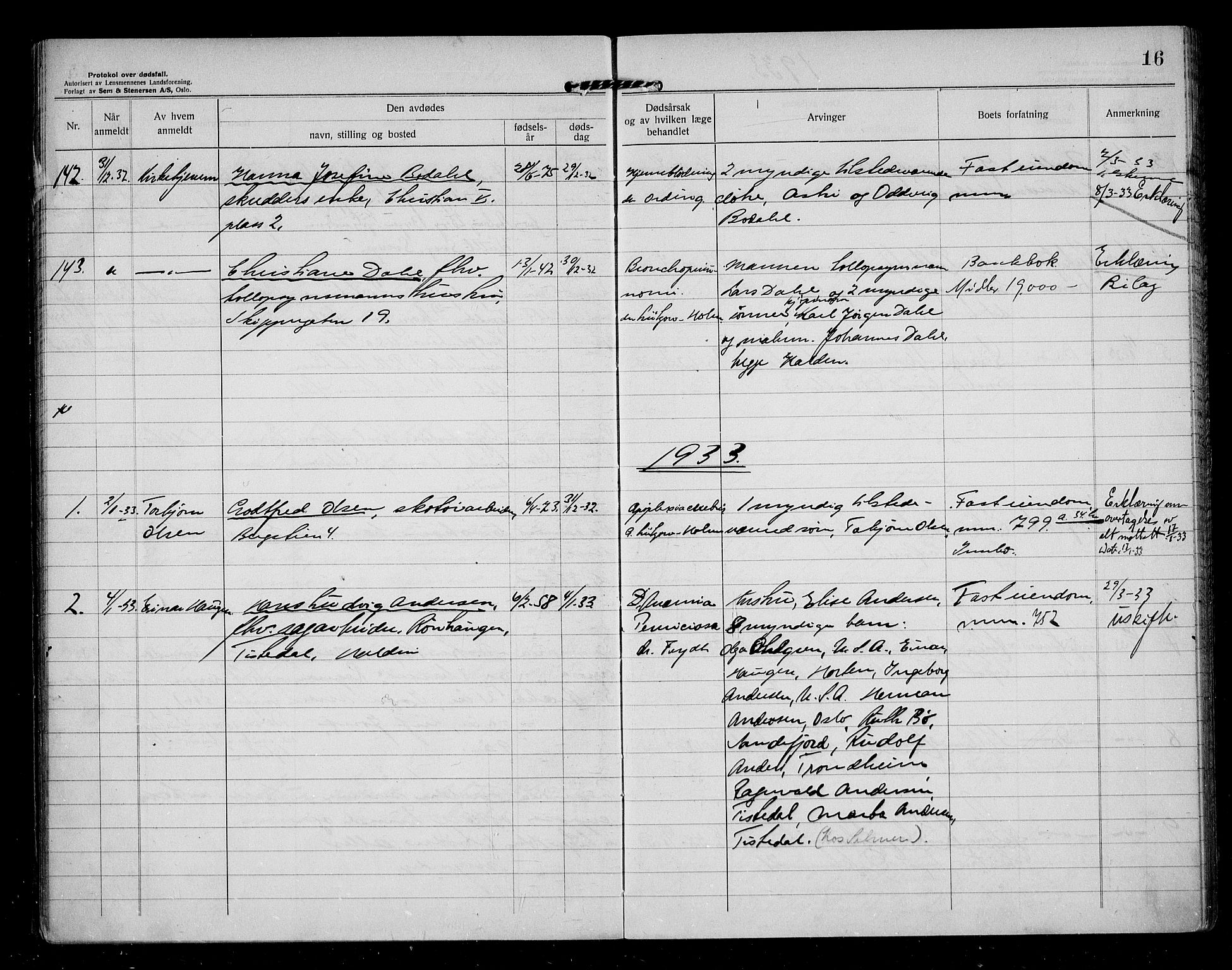 Idd og Marker sorenskriveri, AV/SAO-A-10283/H/Ha/Haa/L0001/0005: Dødsanmeldelsesprotokoller / Dødsanmeldelsesprotokoll, 1932-1937, s. 16