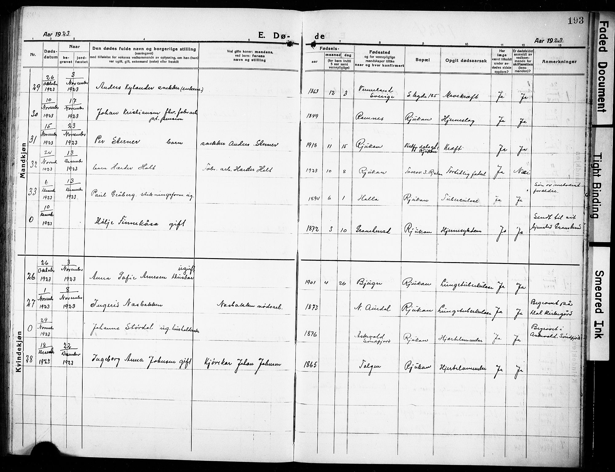 Rjukan kirkebøker, AV/SAKO-A-294/G/Ga/L0003: Klokkerbok nr. 3, 1920-1928, s. 193