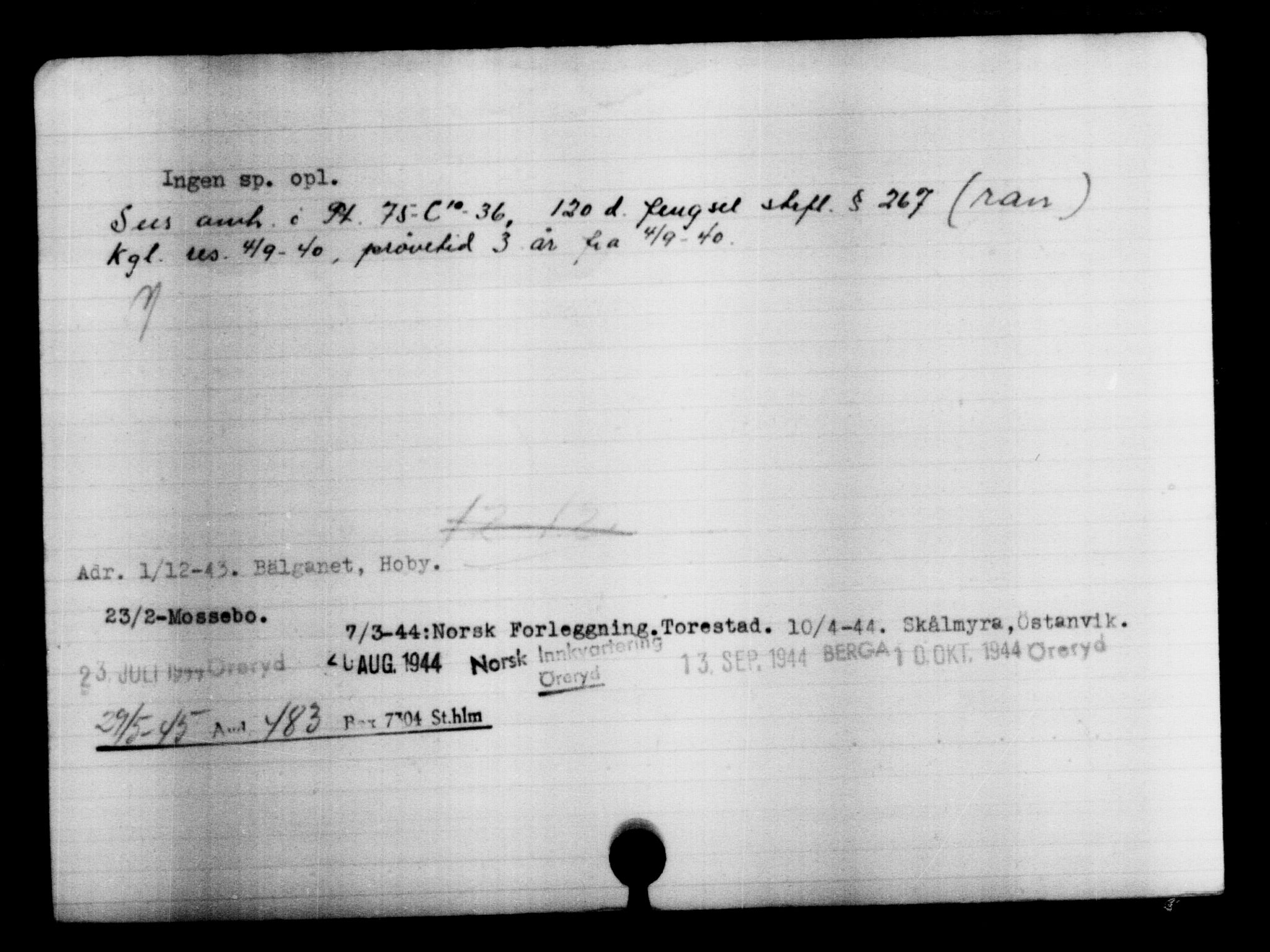 Den Kgl. Norske Legasjons Flyktningskontor, AV/RA-S-6753/V/Va/L0004: Kjesäterkartoteket.  Flyktningenr. 3496-6610, 1940-1945, s. 1664