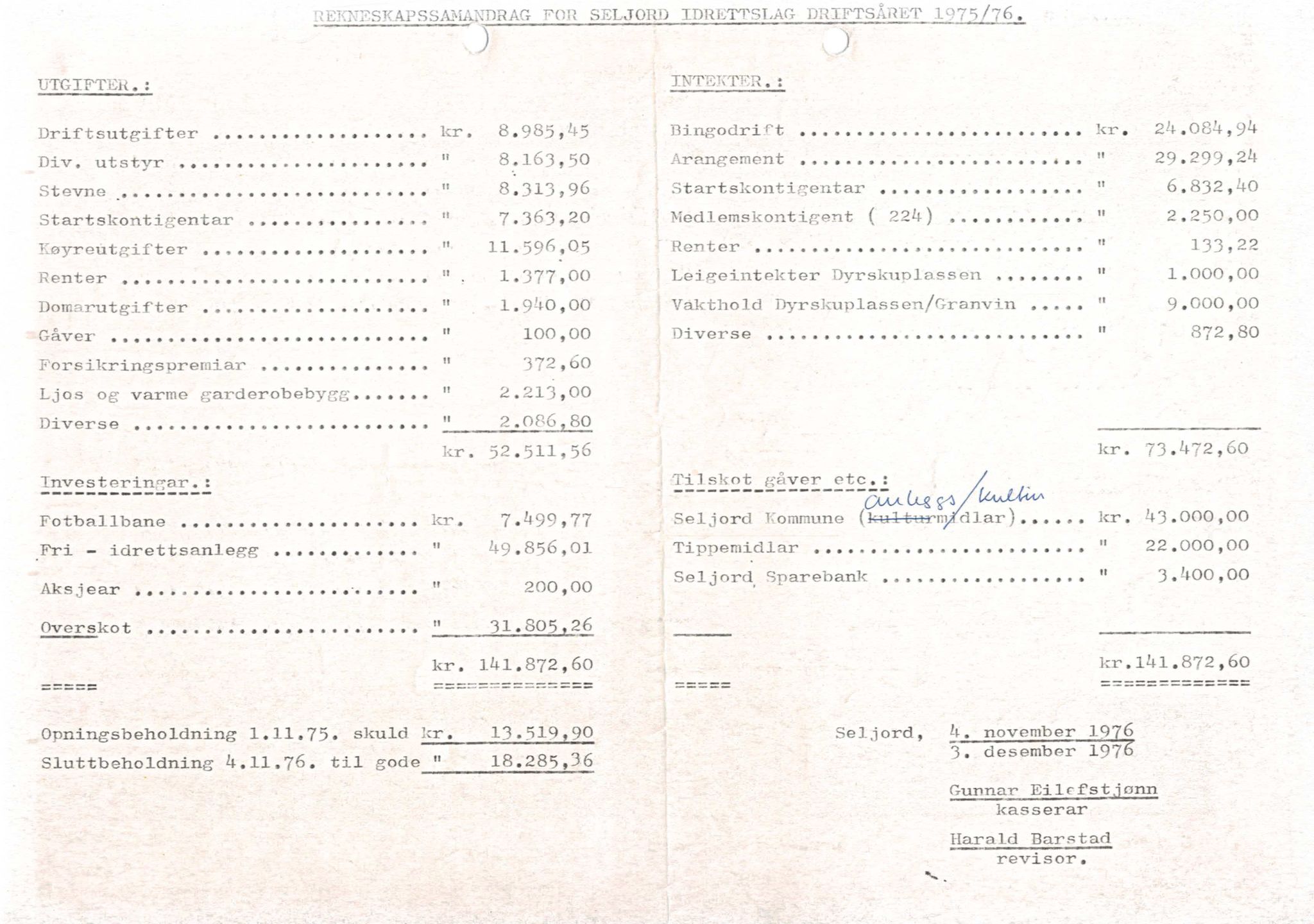 Seljord Idrettslag, VTM/A-1034/A/Ab/L0001: Årsmeldingar, 1976